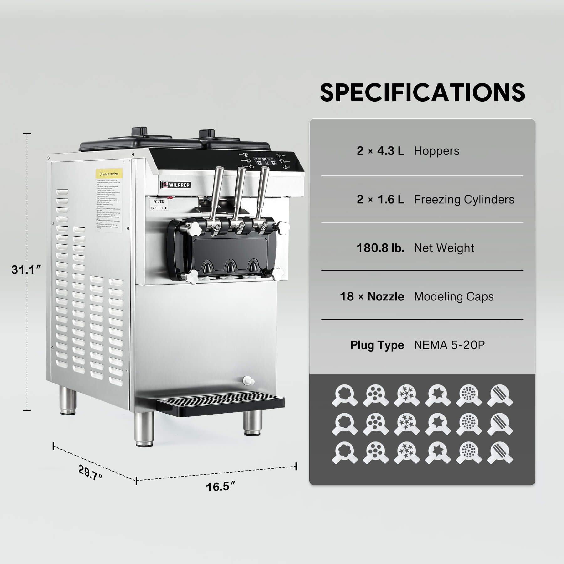 Commercial ice cream machine with three flavor dispensers, digital control panel, and a cone rack. The machine is constructed of stainless steel and is pictured with examples of ice cream cones.