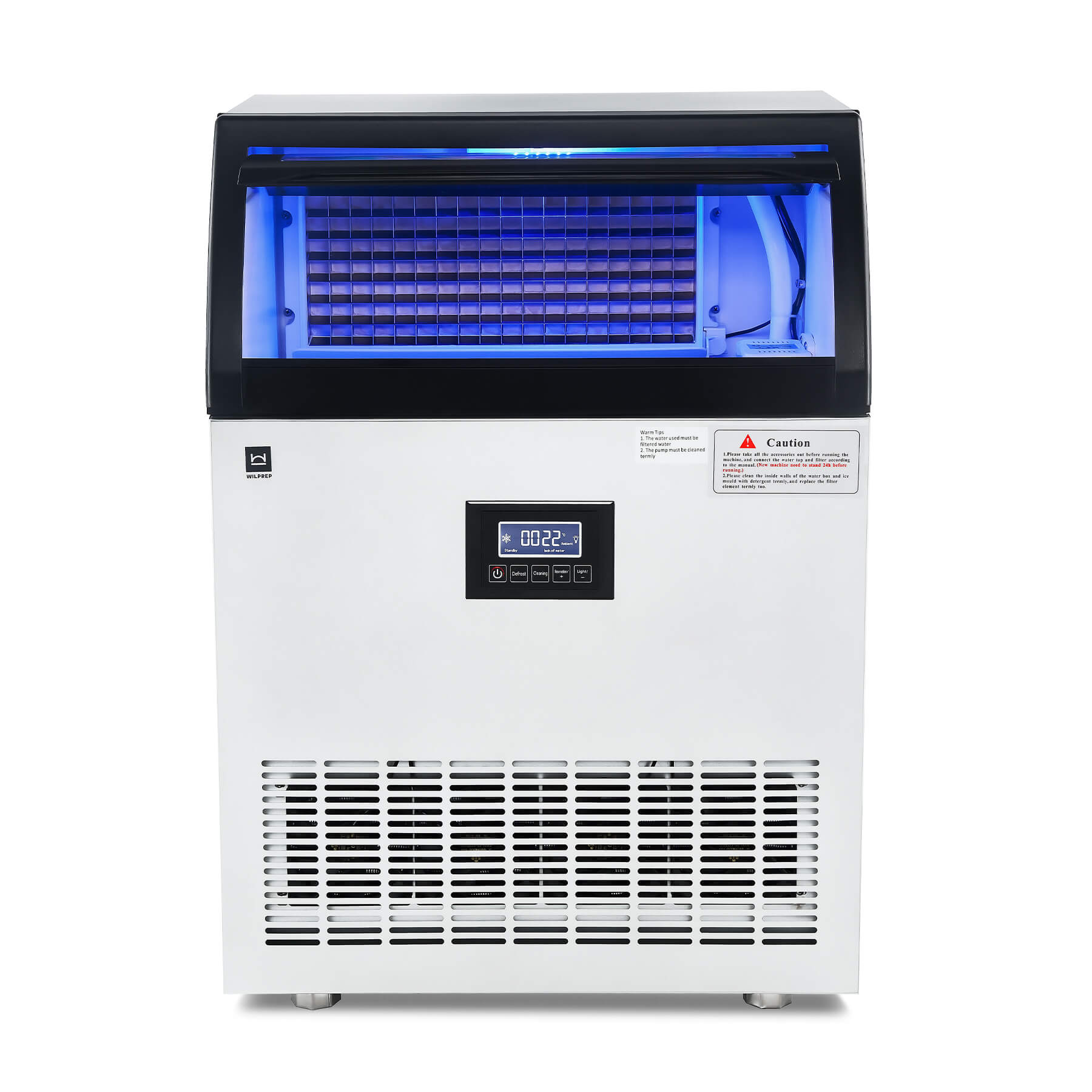 Commercial ice making machine with a white exterior and a digital control panel, featuring a blue light inside the ice compartment.