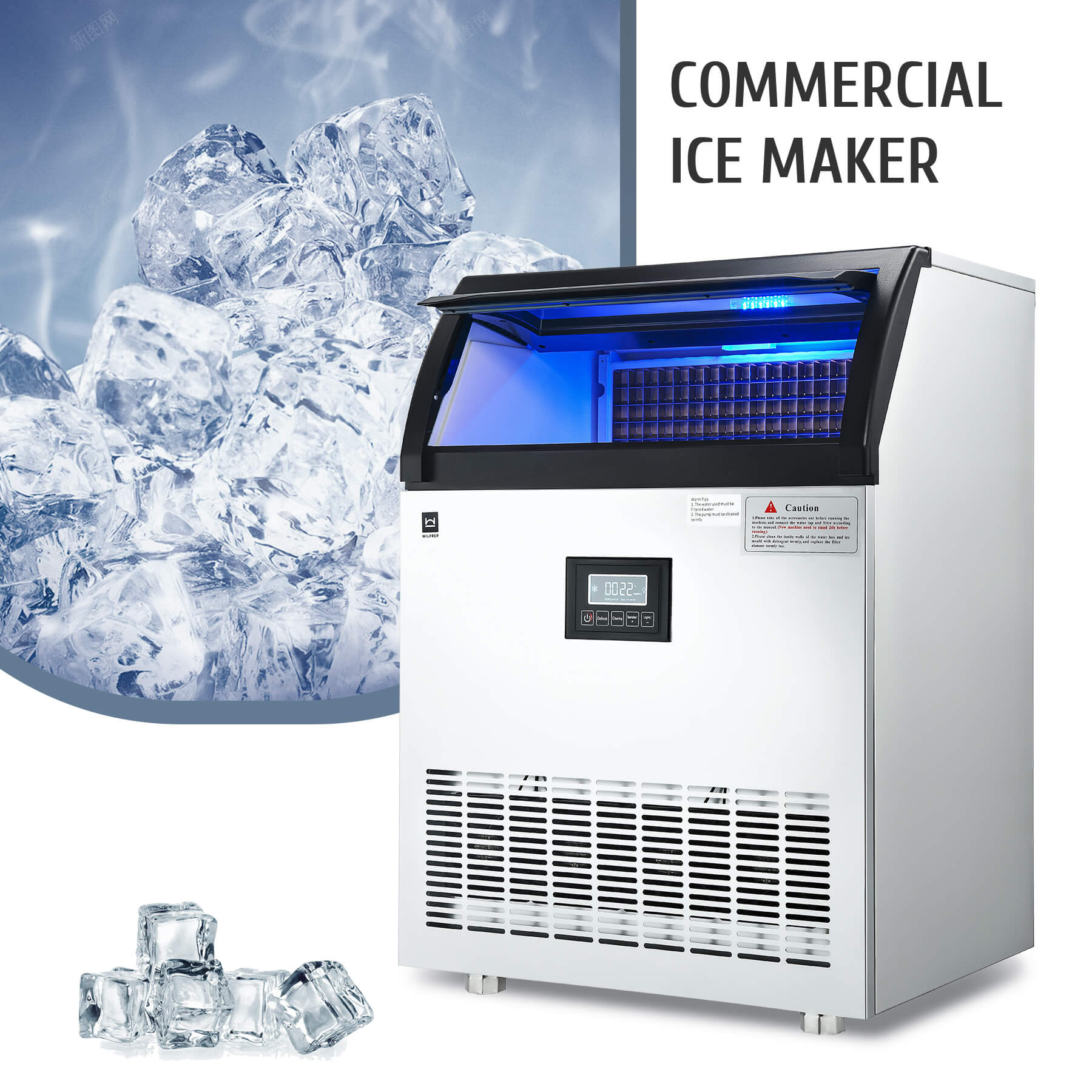 Commercial ice making machine with a white exterior and a digital control panel, featuring a blue light inside the ice compartment.