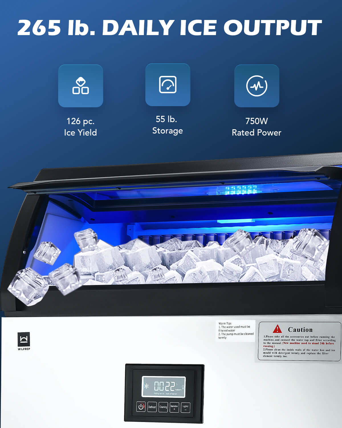 Commercial ice making machine with a white exterior and a digital control panel, featuring a blue light inside the ice compartment.