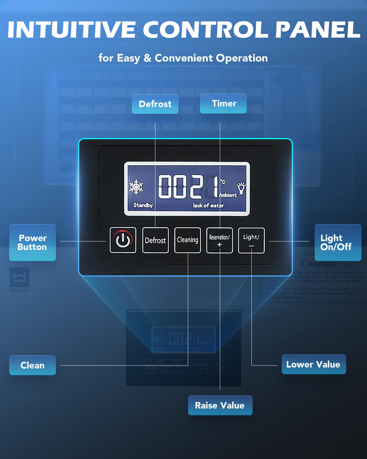 Commercial ice making machine with a white exterior and a digital control panel, featuring a blue light inside the ice compartment.
