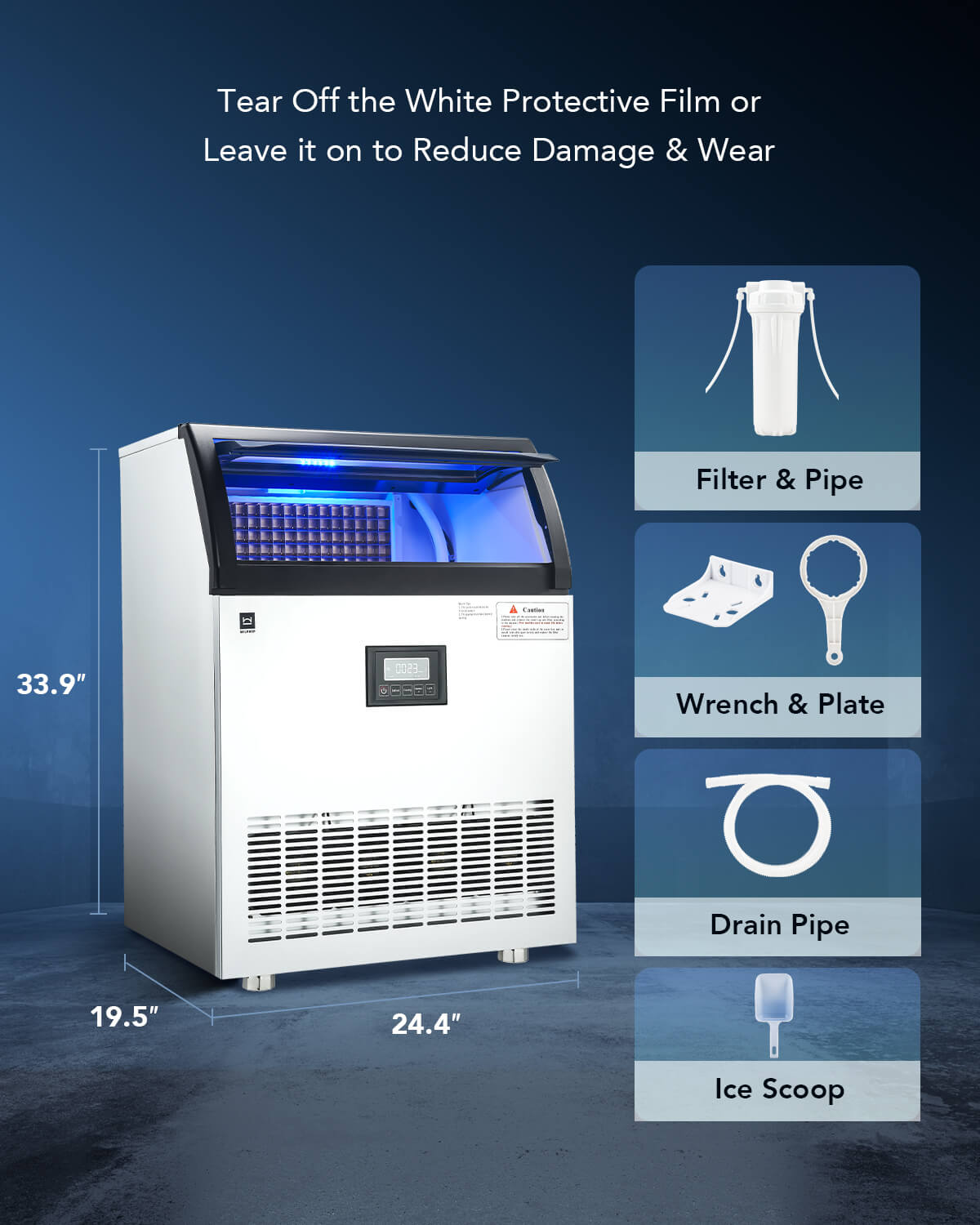 Commercial ice making machine with a white exterior and a digital control panel, featuring a blue light inside the ice compartment.