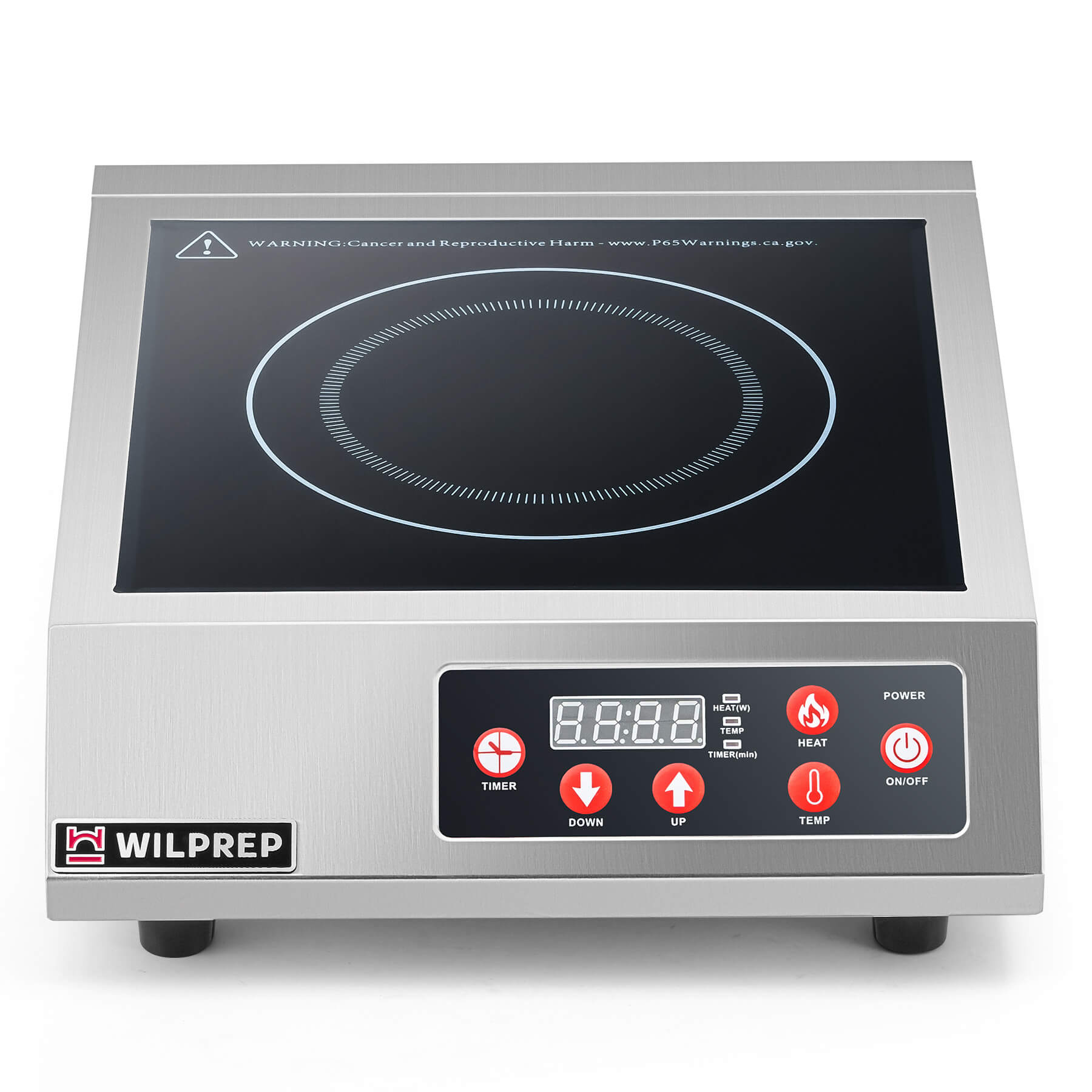 A silver-colored commercial countertop induction range with digital control displayed on the front panel.
