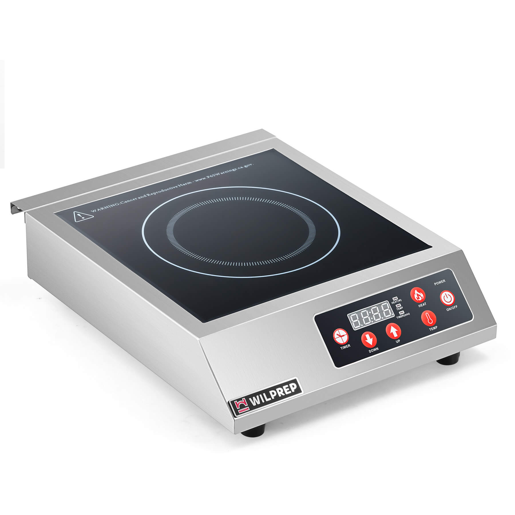A silver-colored commercial countertop induction range with digital control displayed on the front panel.