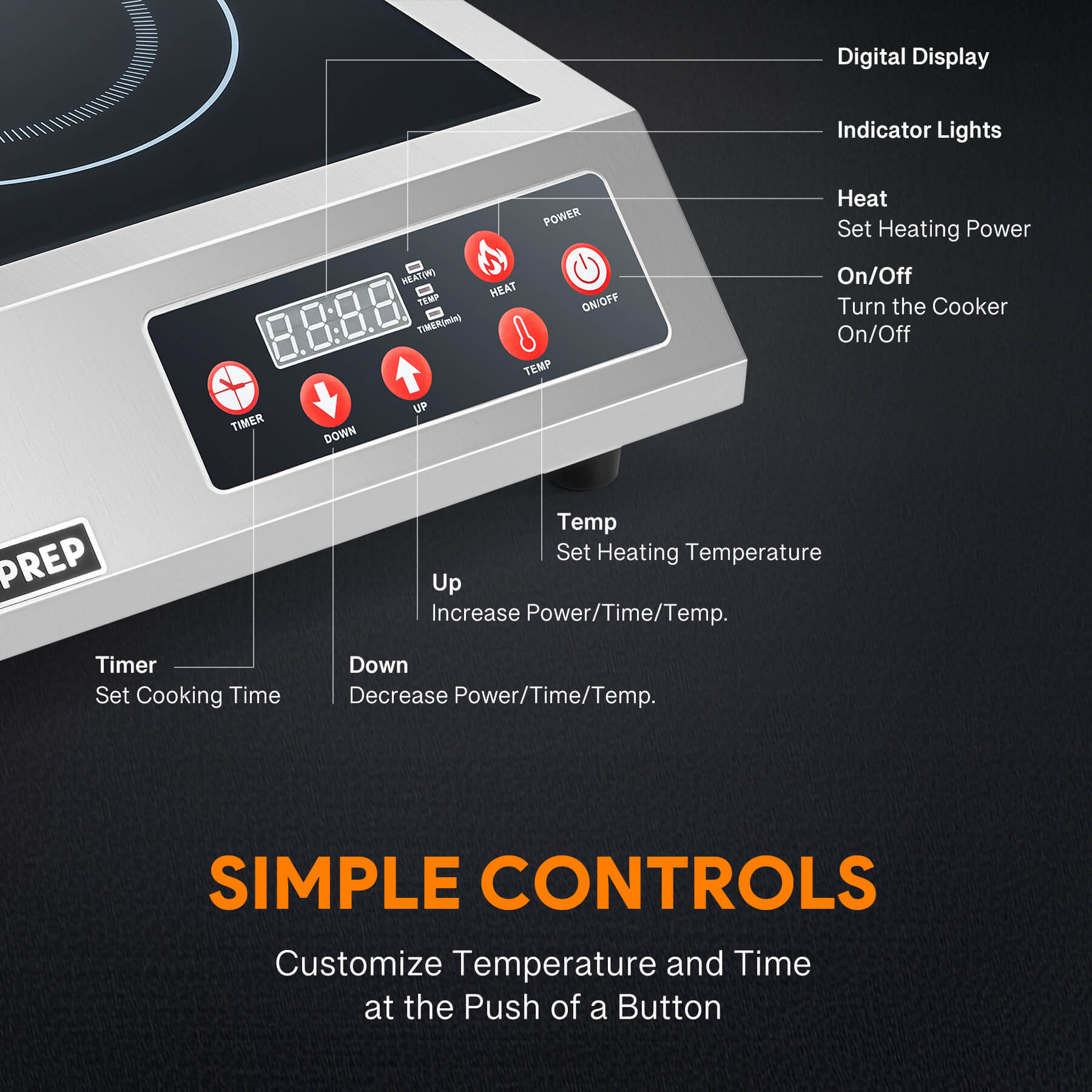 A silver-colored commercial countertop induction range with digital control displayed on the front panel.