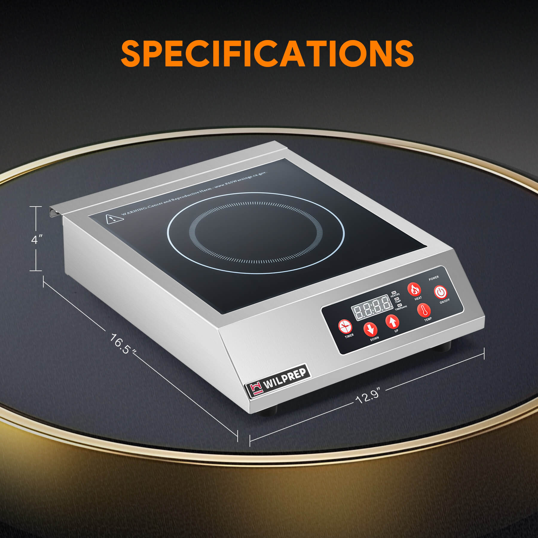 A silver-colored commercial countertop induction range with digital control displayed on the front panel.