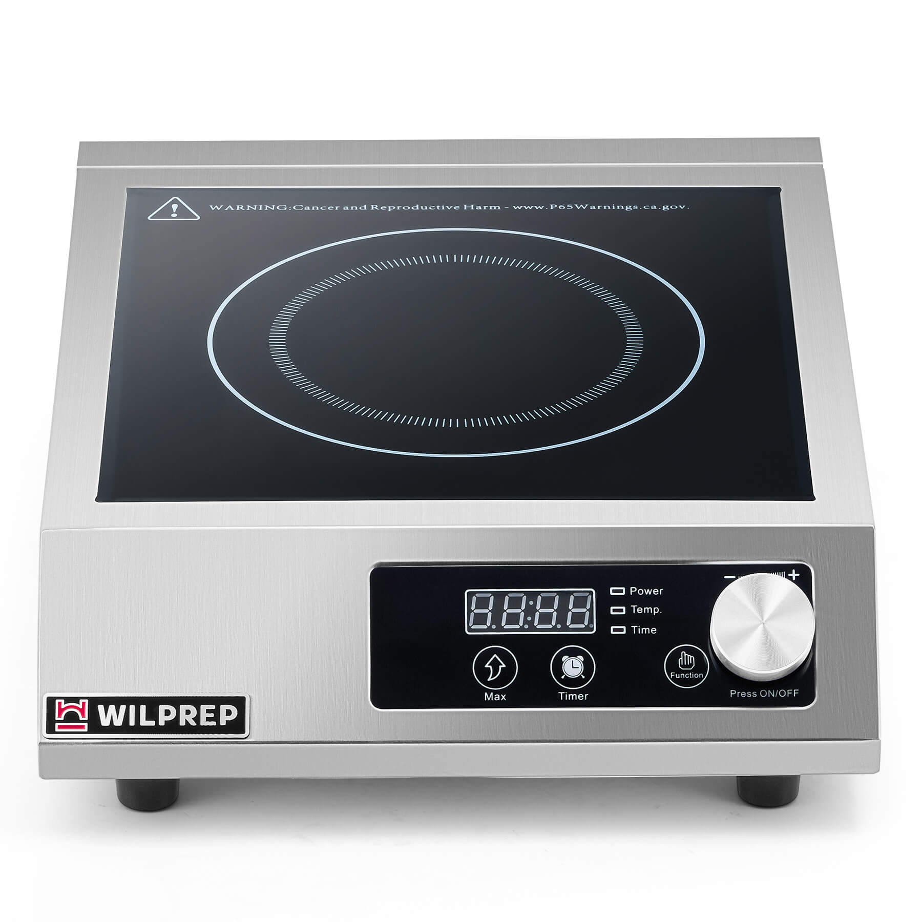 A silver-colored countertop induction cooktop with a knob control and digital display.