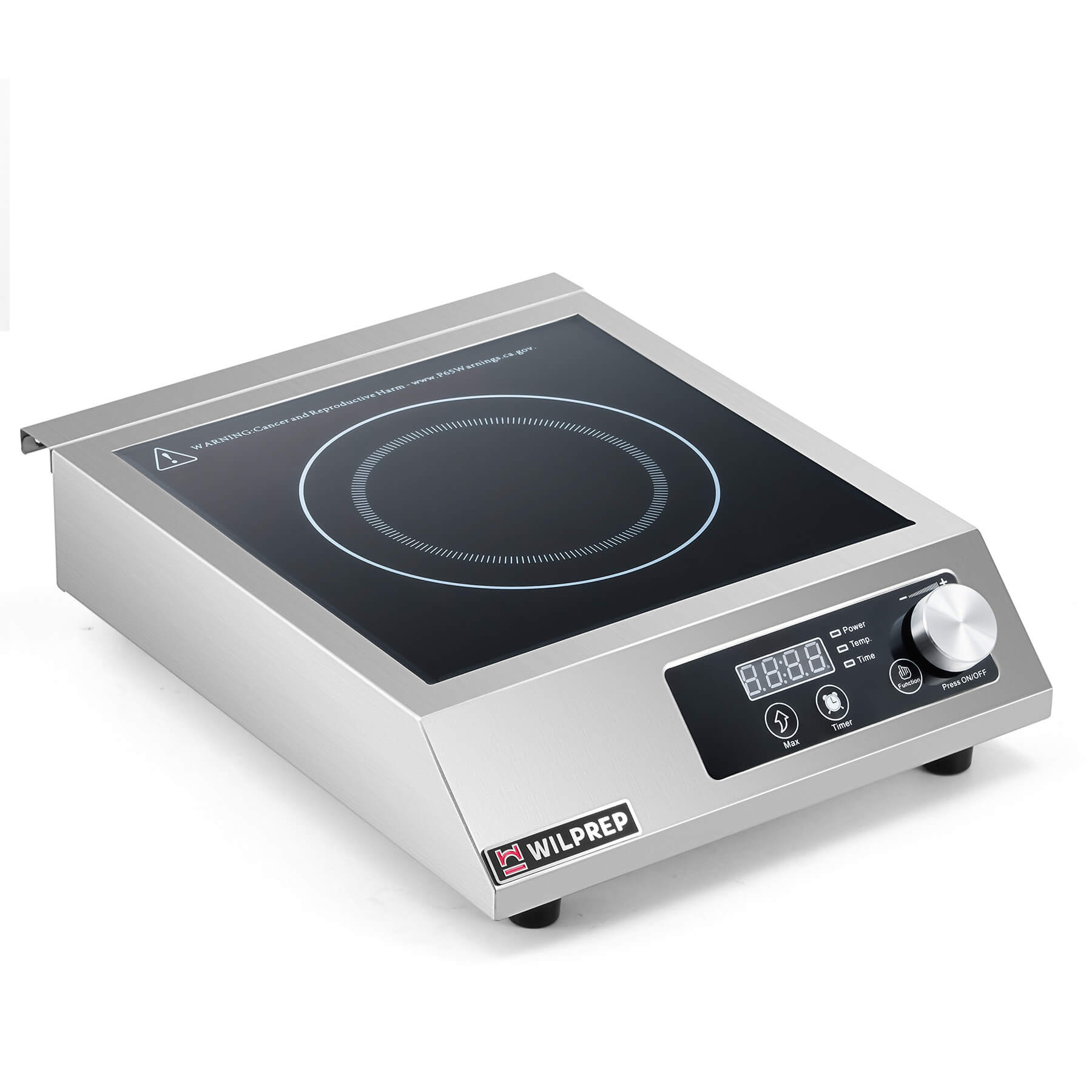 A silver-colored countertop induction cooktop with a knob control and digital display.