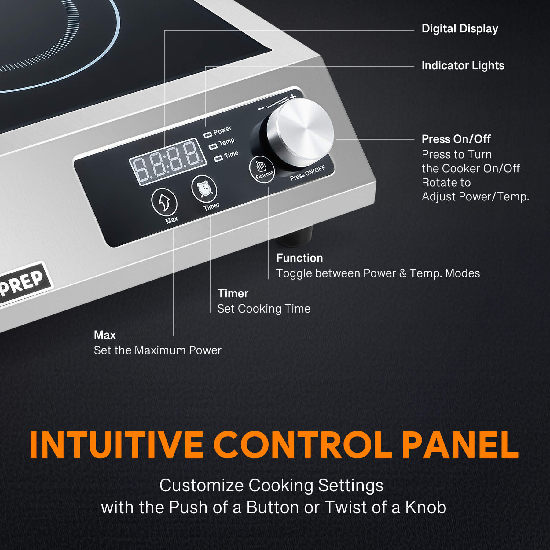 A silver-colored countertop induction cooktop with a knob control and digital display.