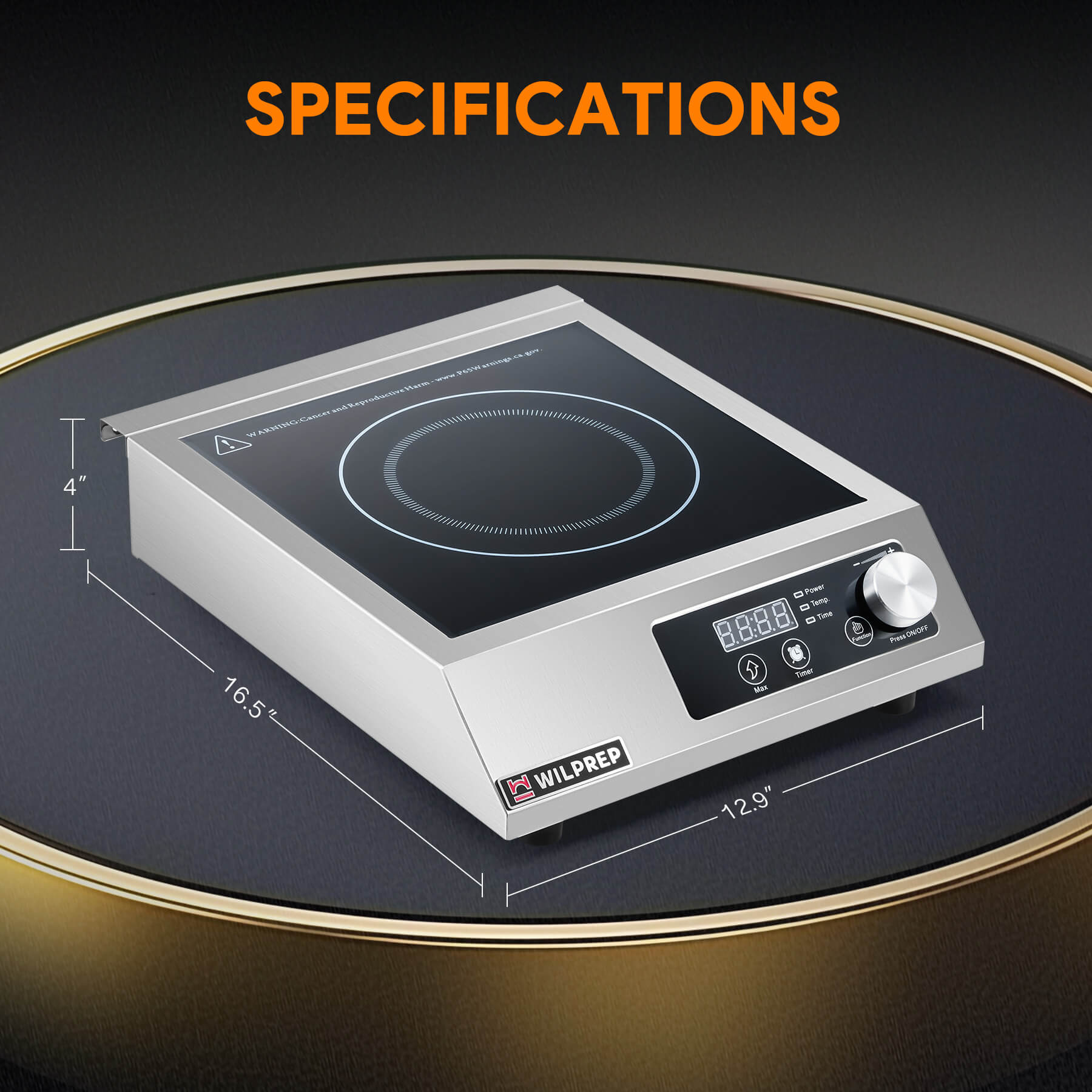 A silver-colored countertop induction cooktop with a knob control and digital display.
