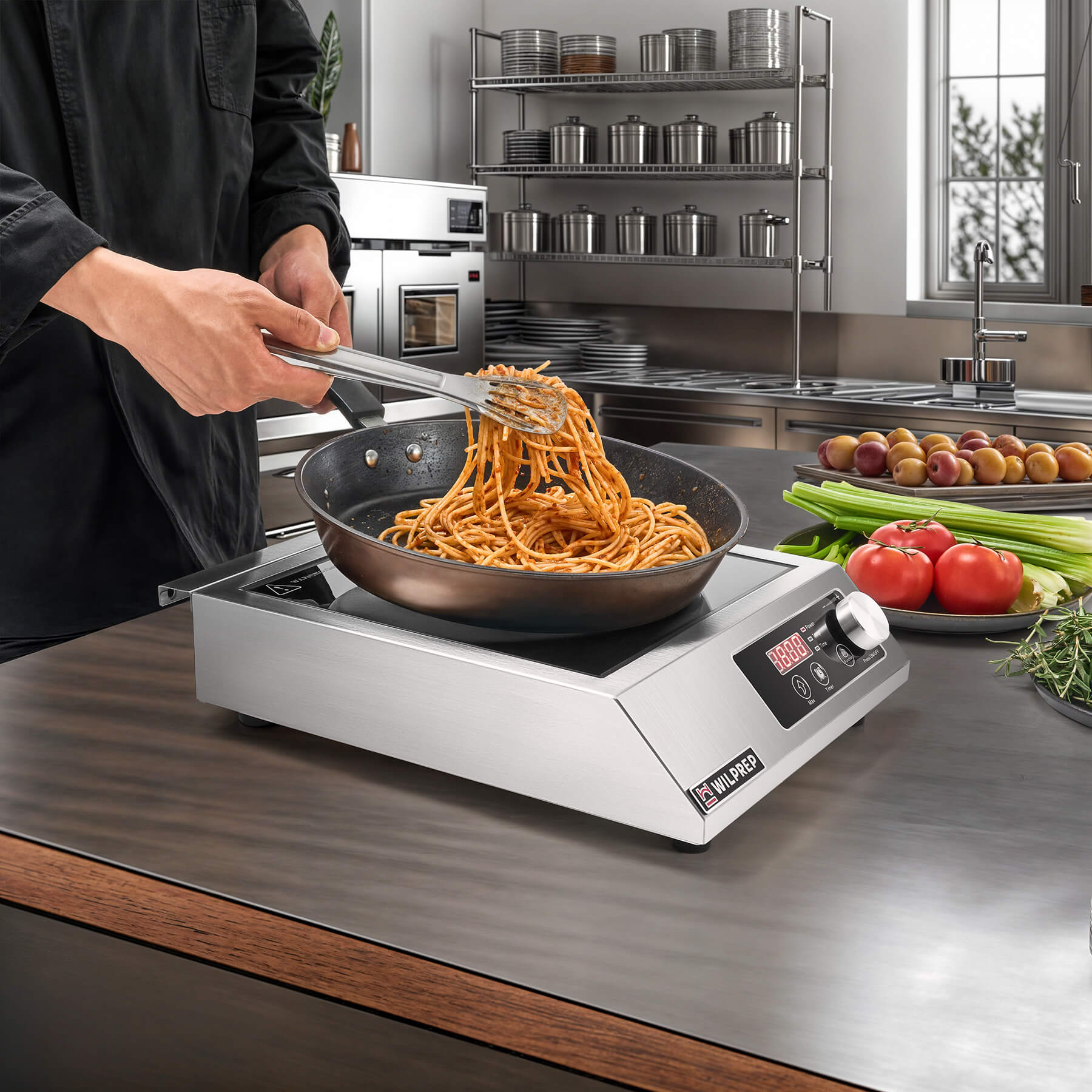 A silver-colored countertop induction cooktop with a knob control and digital display.