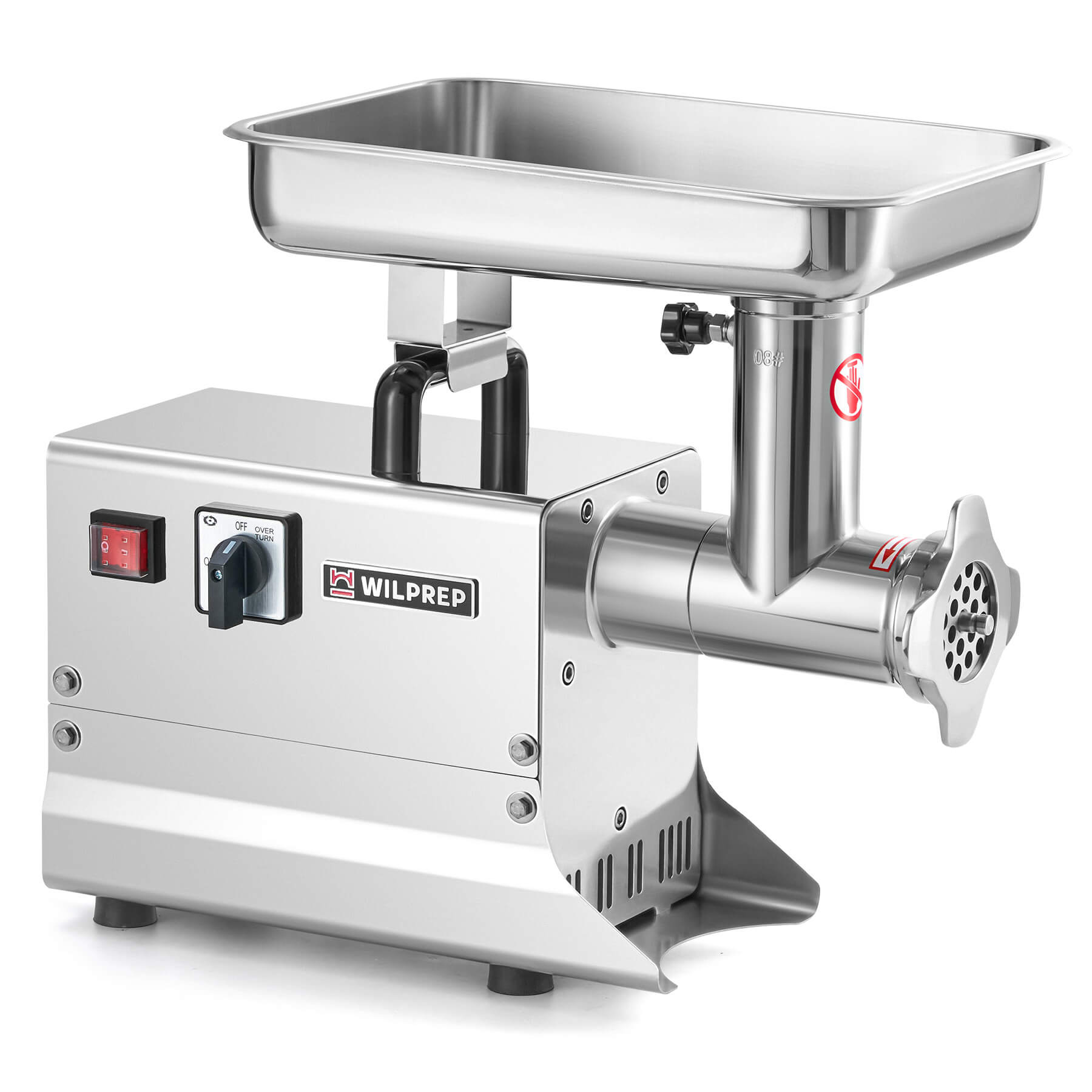 A Wilprep brand commercial meat grinder made of silver stainless steel, featuring a feed rod and interchangeable grinding plates.