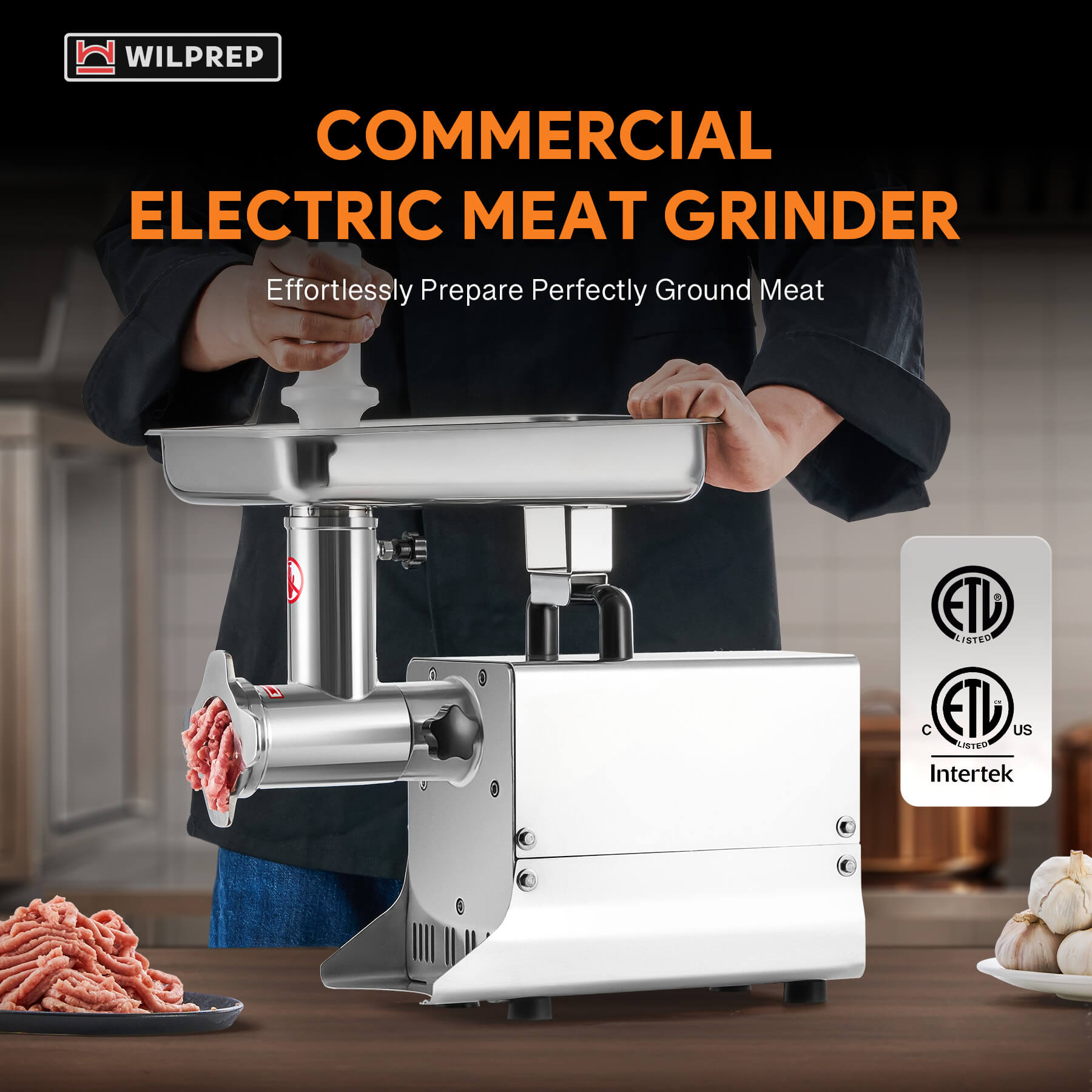 A Wilprep brand commercial meat grinder made of silver stainless steel, featuring a feed rod and interchangeable grinding plates.
