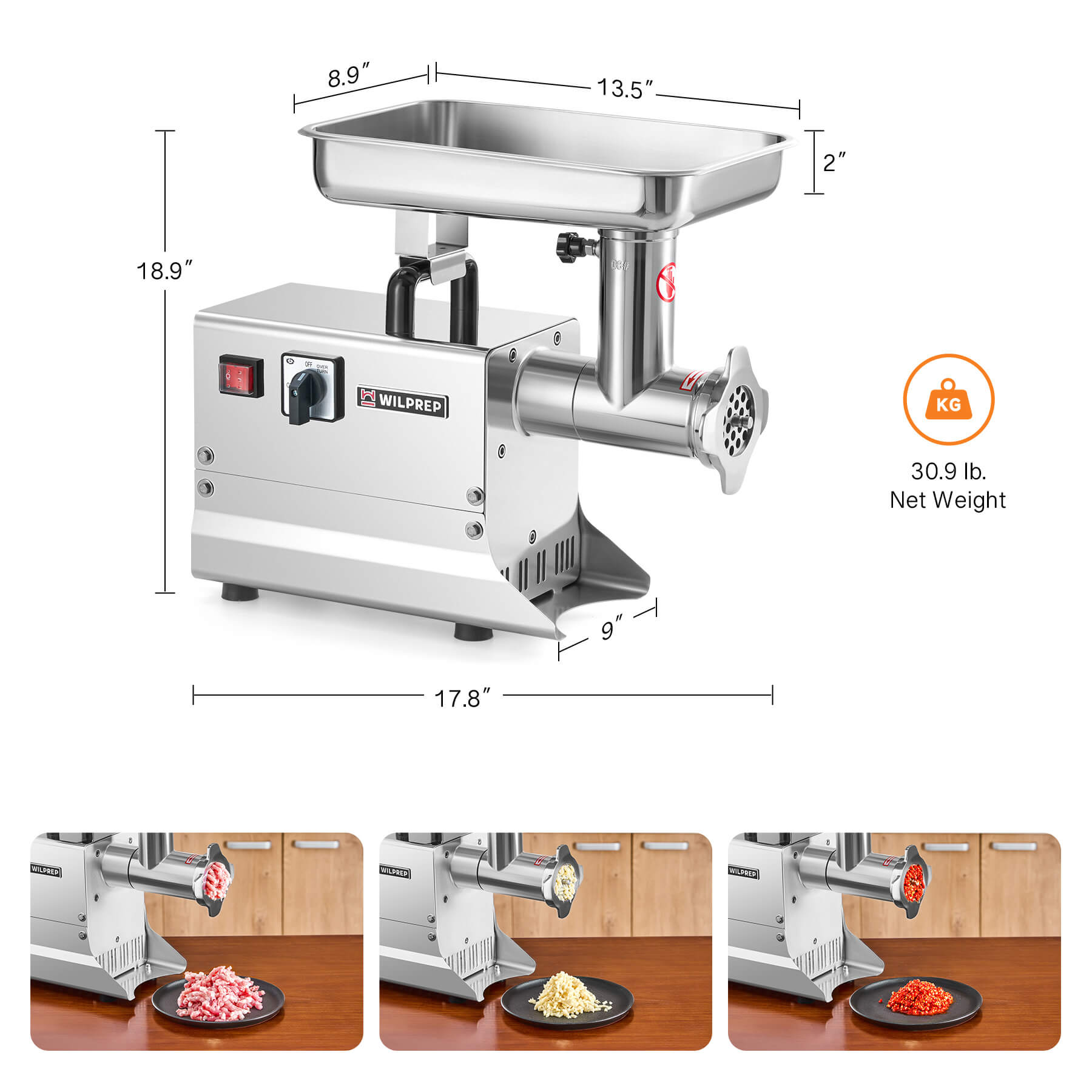A Wilprep brand commercial meat grinder made of silver stainless steel, featuring a feed rod and interchangeable grinding plates.