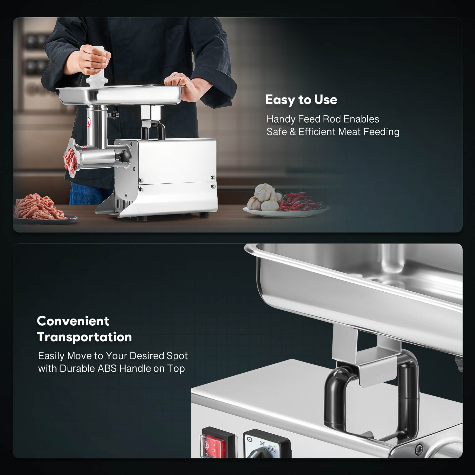 A Wilprep brand commercial meat grinder made of silver stainless steel, featuring a feed rod and interchangeable grinding plates.