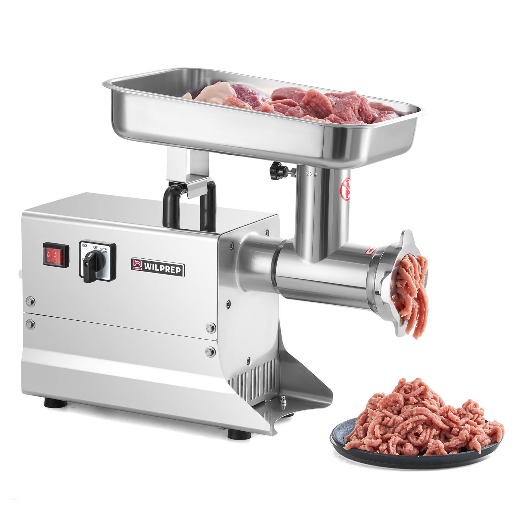A Wilprep brand electric meat grinder with stainless steel construction, featuring a large tray, a grinding plate, and a metal body on a white background.