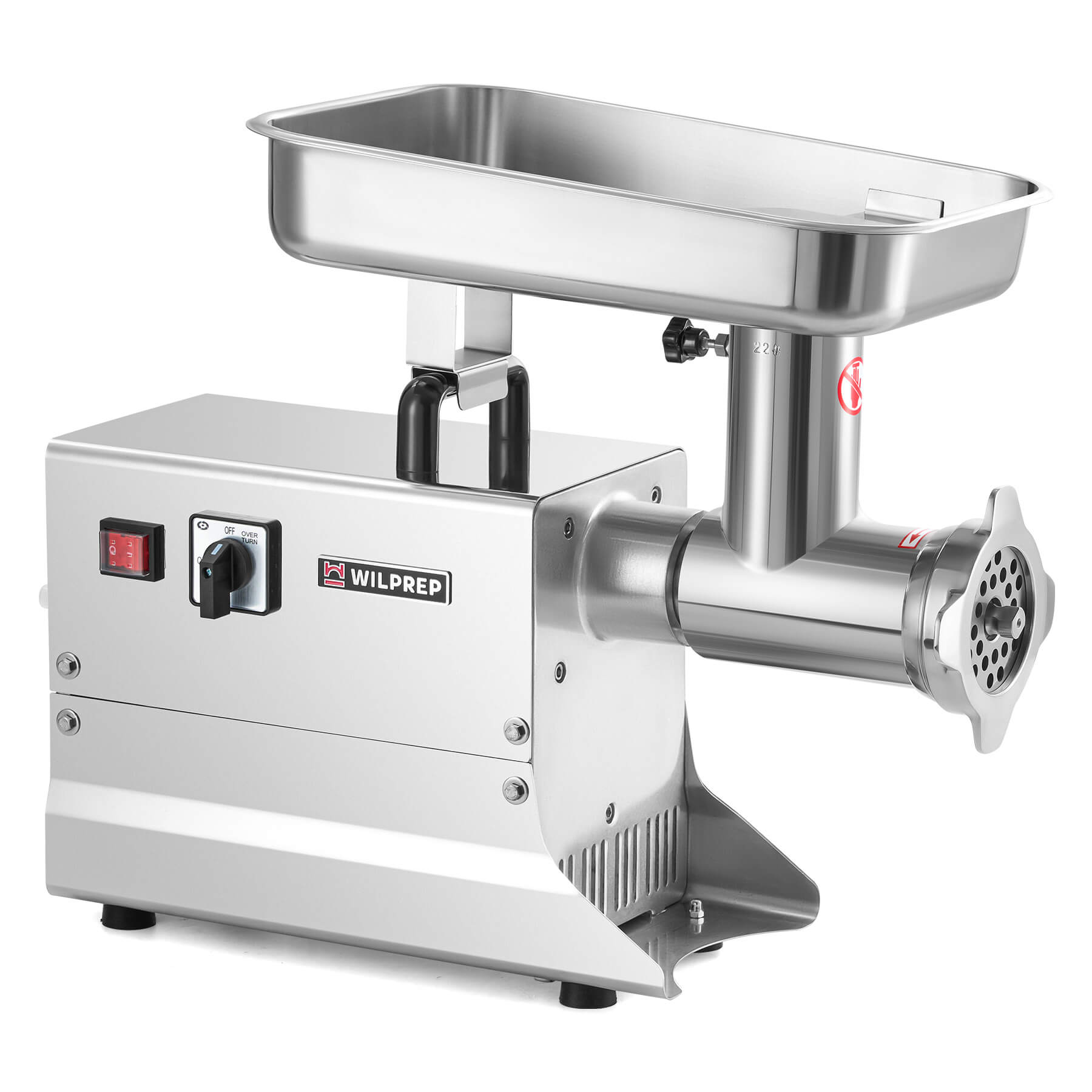 A Wilprep brand electric meat grinder with stainless steel construction, featuring a large tray, a grinding plate, and a metal body on a white background.