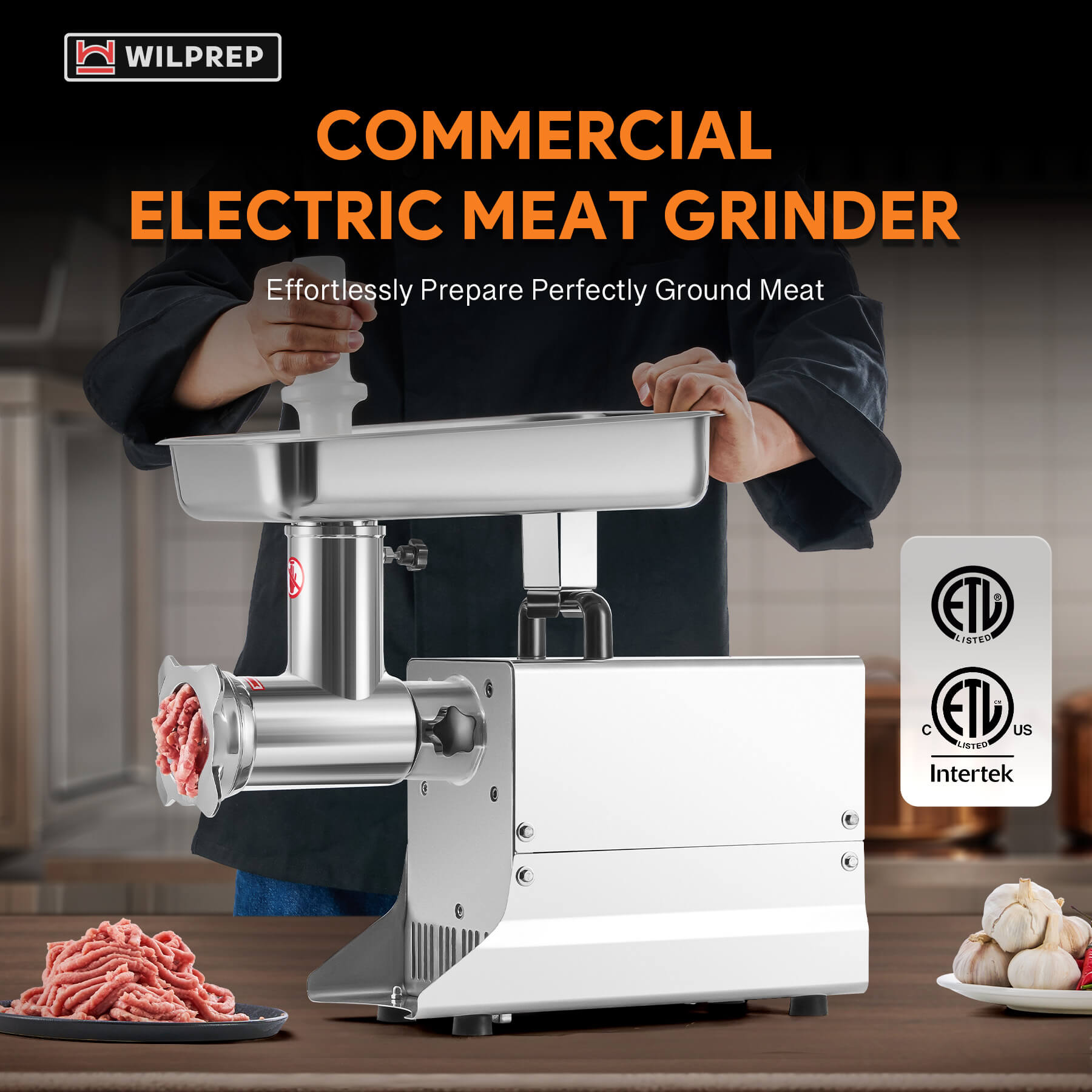 A Wilprep brand electric meat grinder with stainless steel construction, featuring a large tray, a grinding plate, and a metal body on a white background.