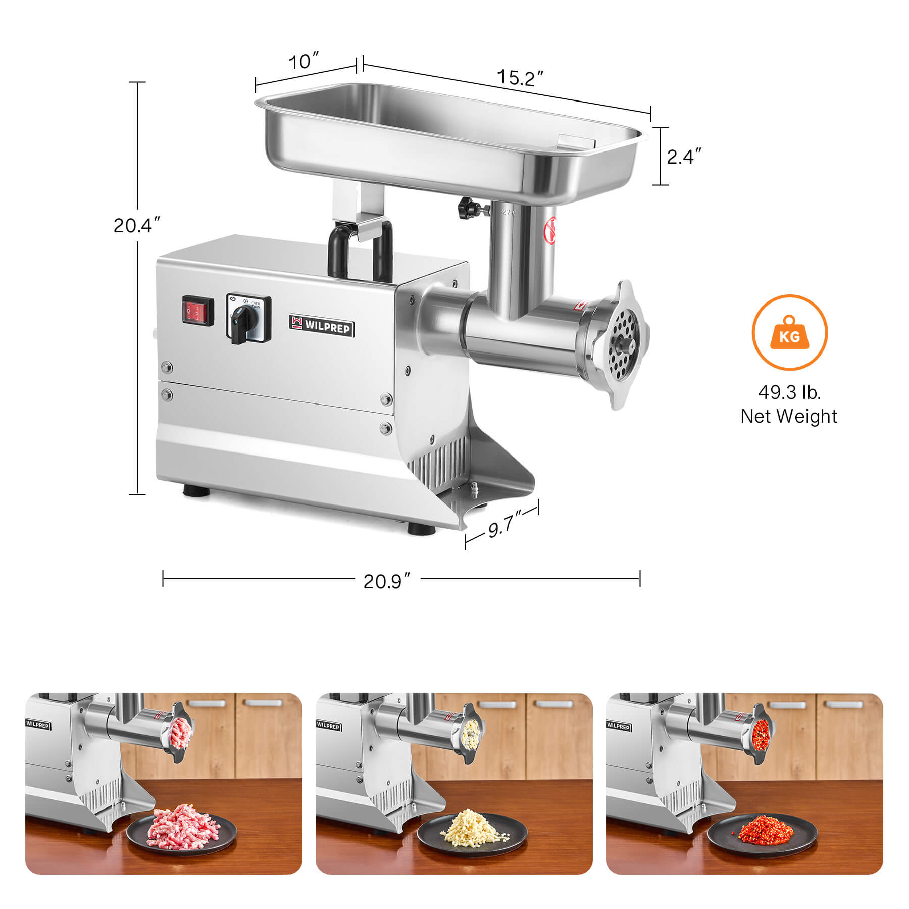 A Wilprep brand electric meat grinder with stainless steel construction, featuring a large tray, a grinding plate, and a metal body on a white background.