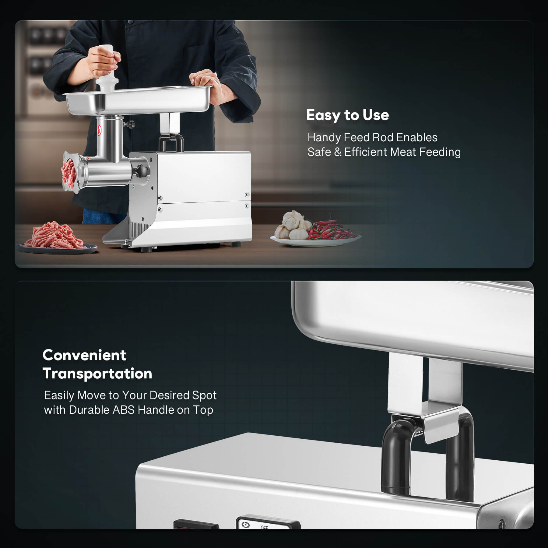 A Wilprep brand electric meat grinder with stainless steel construction, featuring a large tray, a grinding plate, and a metal body on a white background.