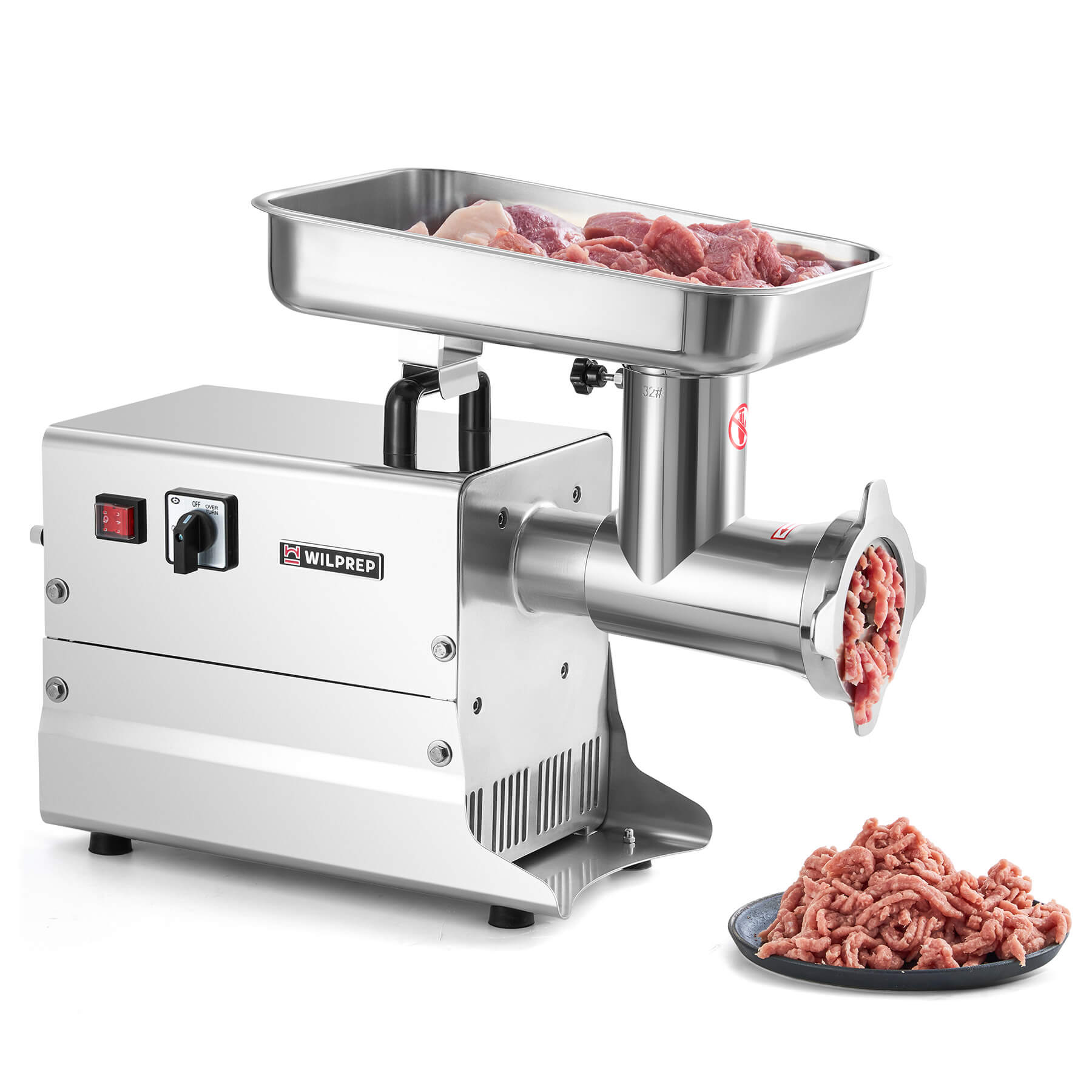 A Wilprep brand electric meat grinder with a silver finish, featuring a tray on top and a tube attached with a valve on the side.