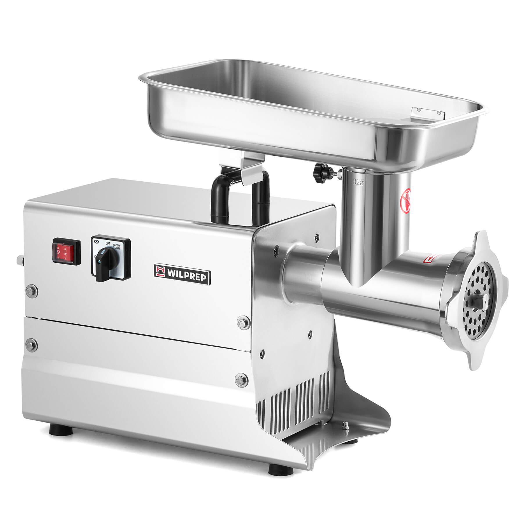 A Wilprep brand electric meat grinder with a silver finish, featuring a tray on top and a tube attached with a valve on the side.