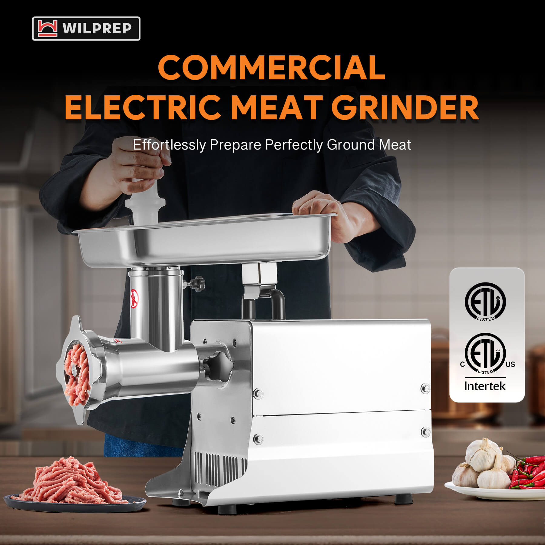 A Wilprep brand electric meat grinder with a silver finish, featuring a tray on top and a tube attached with a valve on the side.
