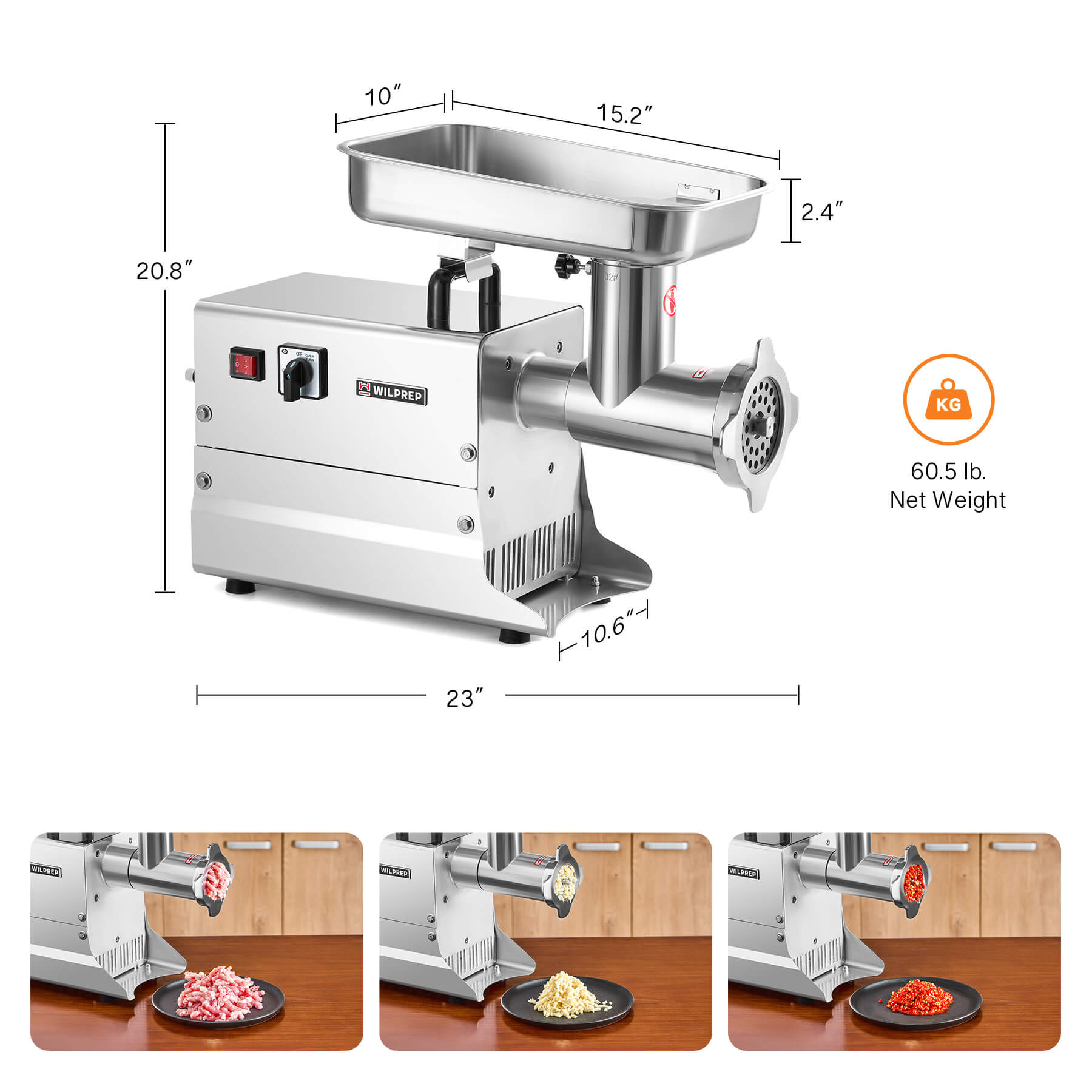 A Wilprep brand electric meat grinder with a silver finish, featuring a tray on top and a tube attached with a valve on the side.