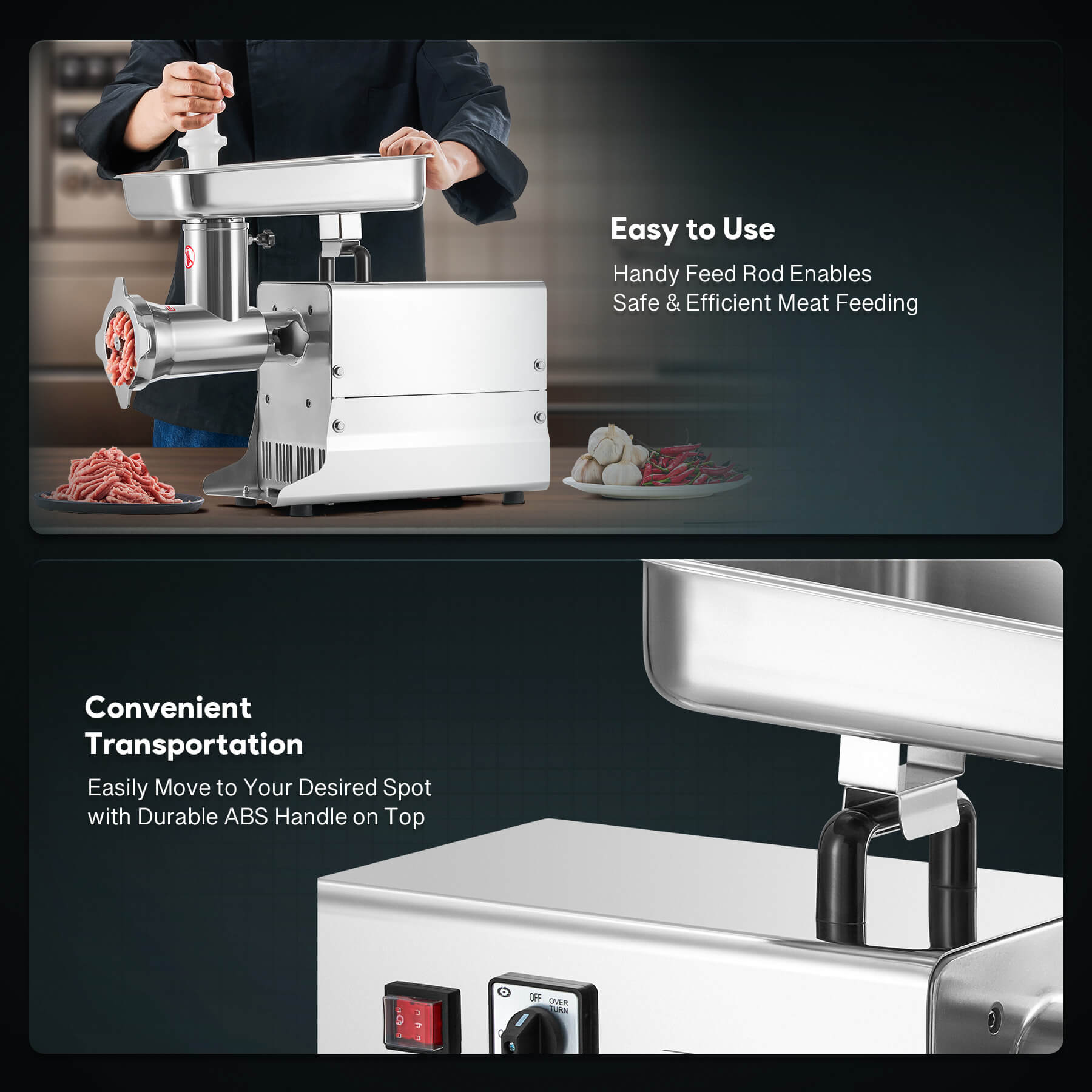 A Wilprep brand electric meat grinder with a silver finish, featuring a tray on top and a tube attached with a valve on the side.