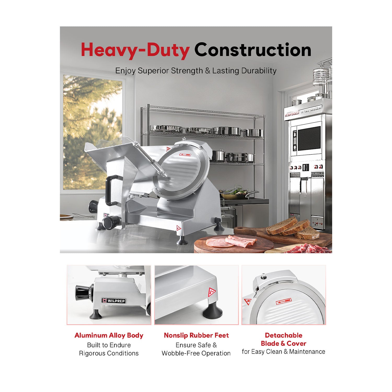Heavy-duty aluminum alloy body with detachable blade and cover, nonslip rubber feet, and wobble-free operation for safe, durable, and easy maintenance.