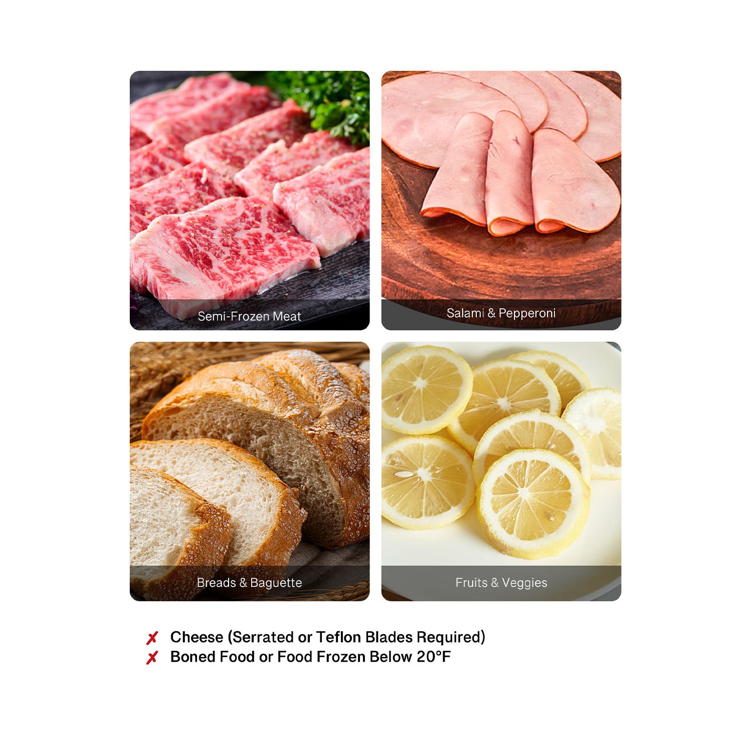 Wilprep commercial meat slicer suitable for salami, pepperoni, breads, baguettes, fruits, vegetables, and cheese; not for frozen or boned foods below 20°F.