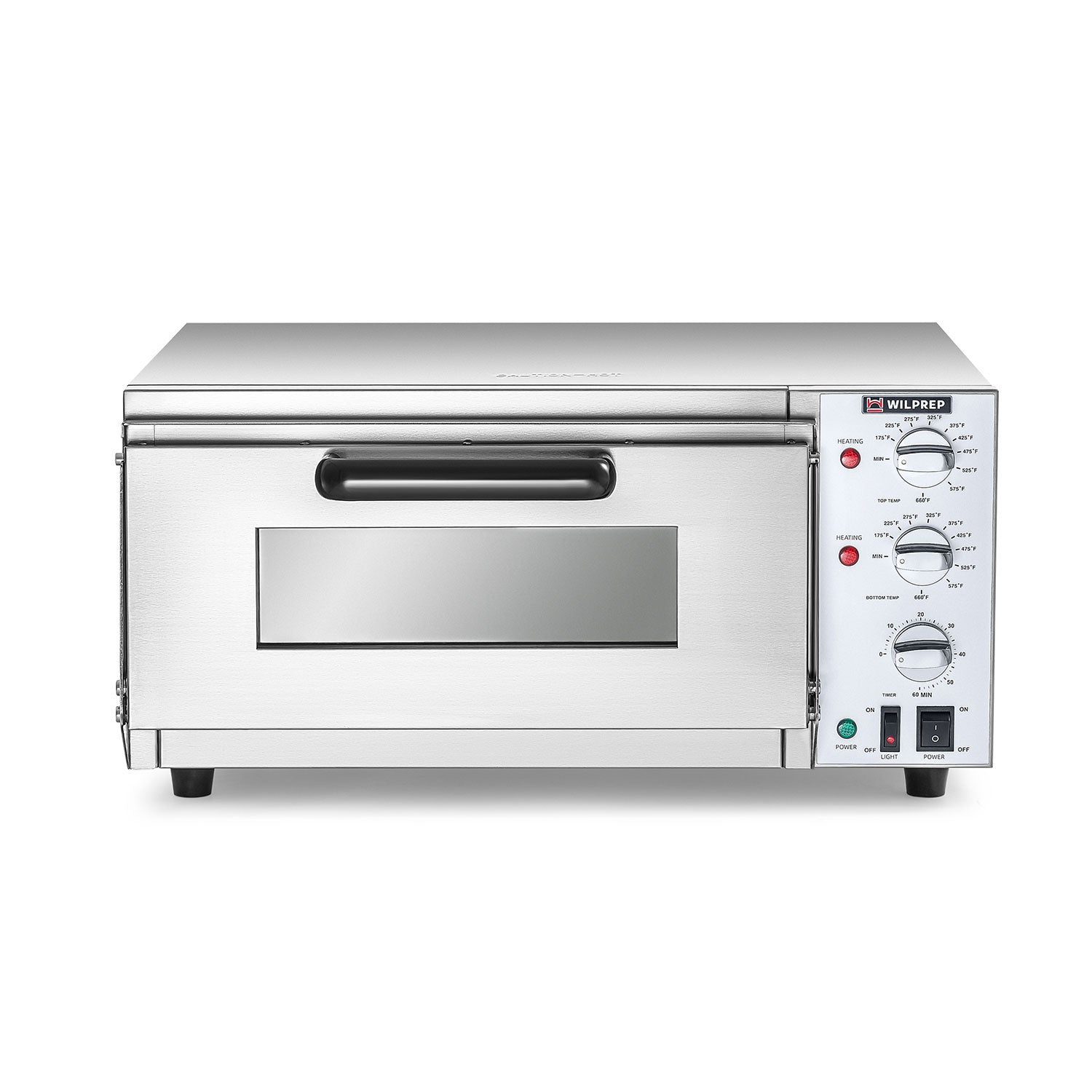 A 16-inch commercial countertop electric oven designed for baking pizzas, with a stainless steel exterior, a glass door, and control knobs on the front.