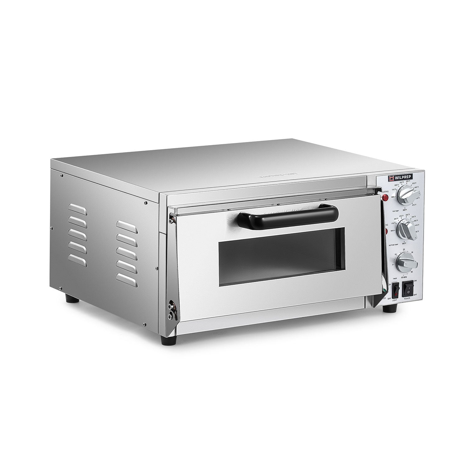 A 16-inch commercial countertop electric oven designed for baking pizzas, with a stainless steel exterior, a glass door, and control knobs on the front.