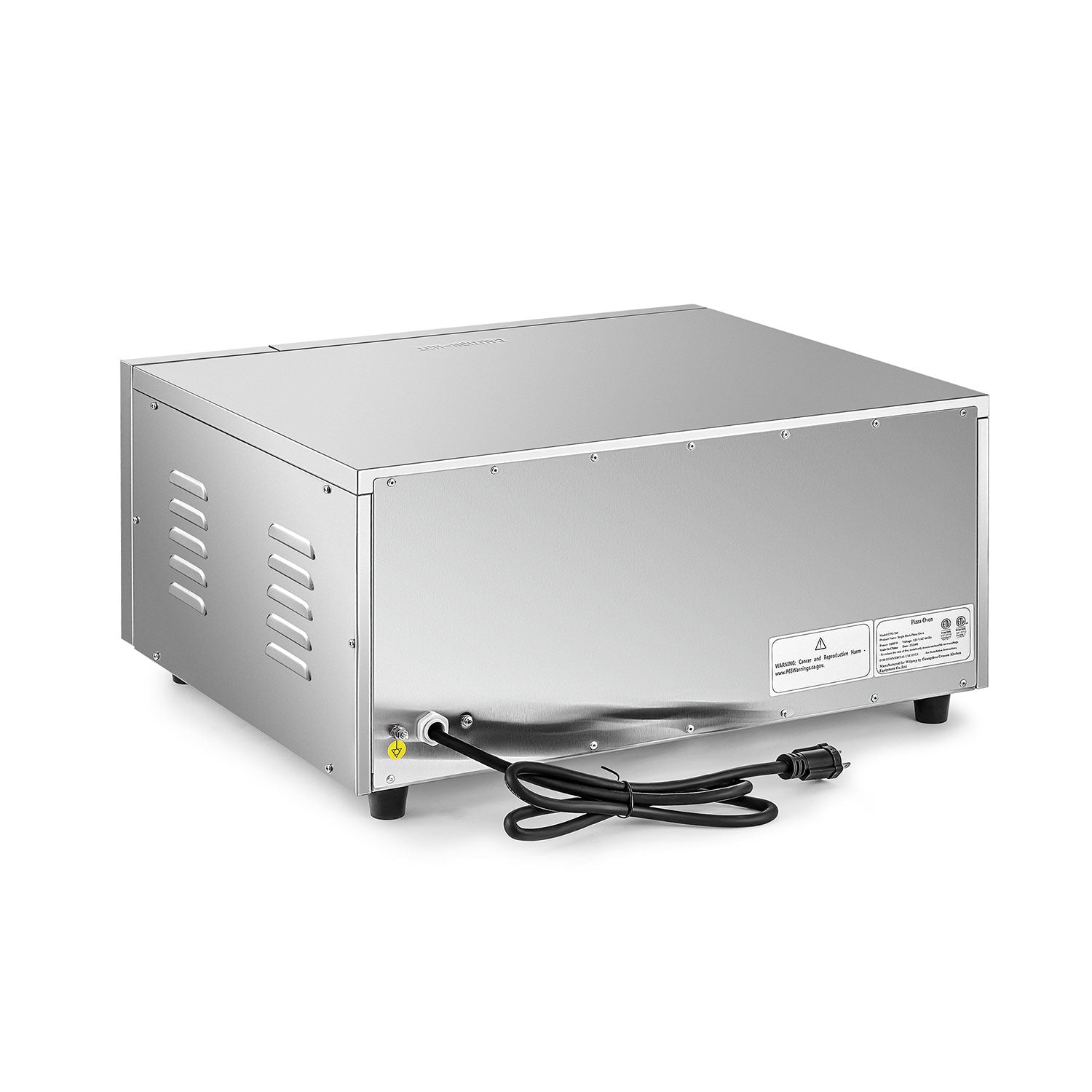 A 16-inch commercial countertop electric oven designed for baking pizzas, with a stainless steel exterior, a glass door, and control knobs on the front.