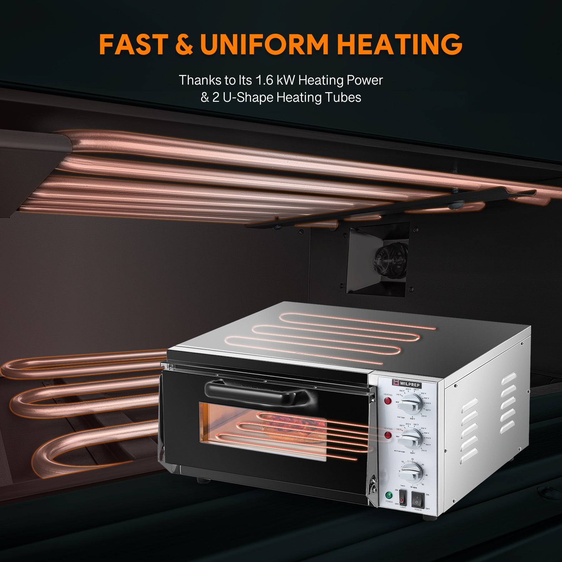 A 16-inch commercial countertop electric oven designed for baking pizzas, with a stainless steel exterior, a glass door, and control knobs on the front.