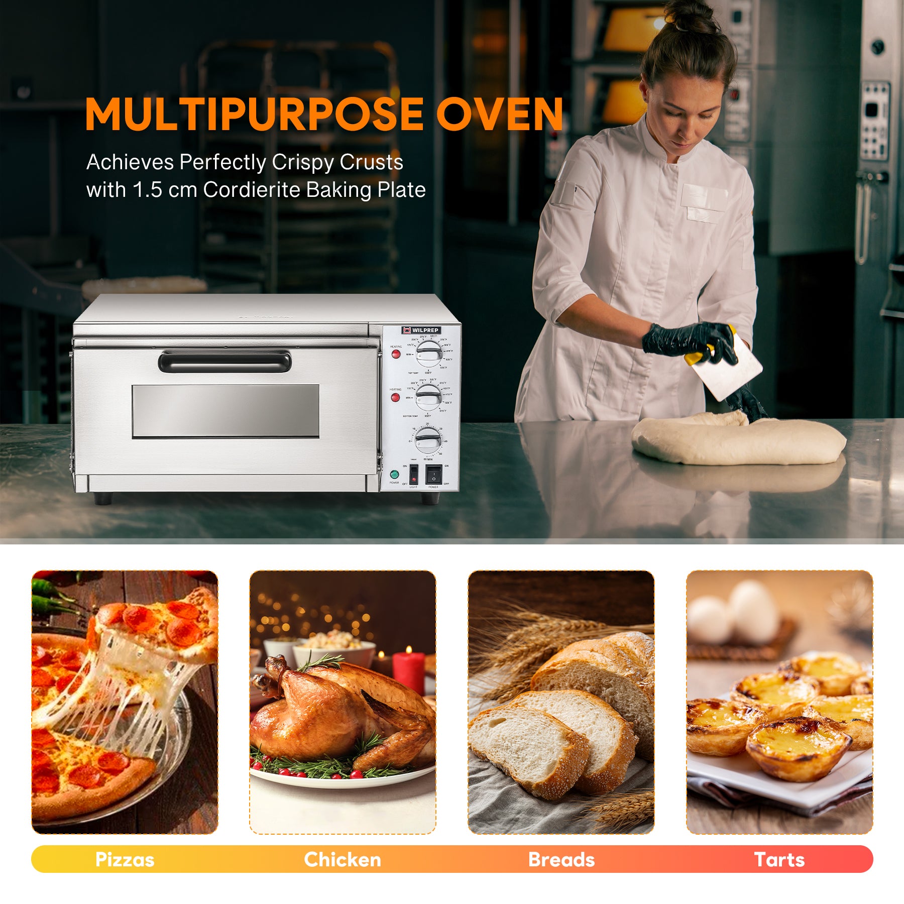 A 16-inch commercial countertop electric oven designed for baking pizzas, with a stainless steel exterior, a glass door, and control knobs on the front.