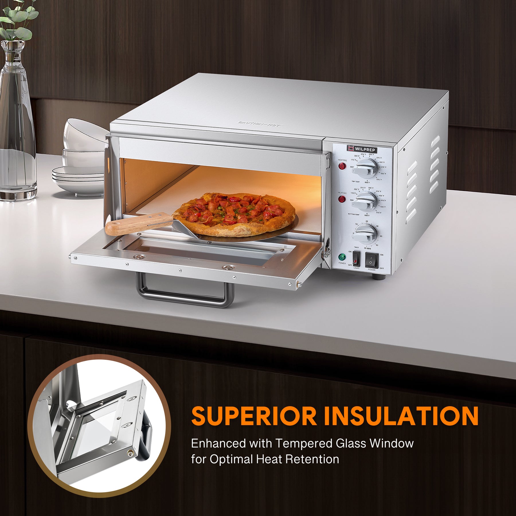A 16-inch commercial countertop electric oven designed for baking pizzas, with a stainless steel exterior, a glass door, and control knobs on the front.