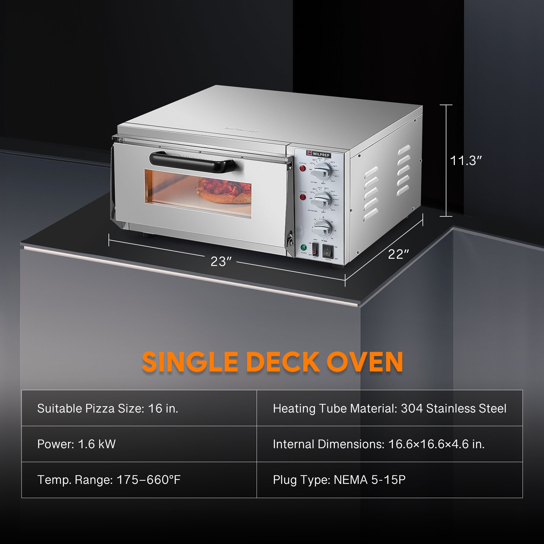 A 16-inch commercial countertop electric oven designed for baking pizzas, with a stainless steel exterior, a glass door, and control knobs on the front.
