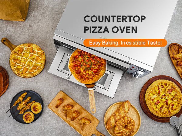 A 16-inch commercial countertop electric oven designed for baking pizzas, with a stainless steel exterior, a glass door, and control knobs on the front.