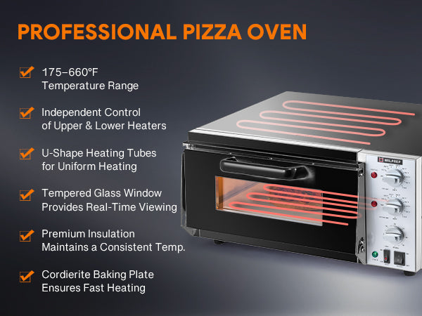A 16-inch commercial countertop electric oven designed for baking pizzas, with a stainless steel exterior, a glass door, and control knobs on the front.