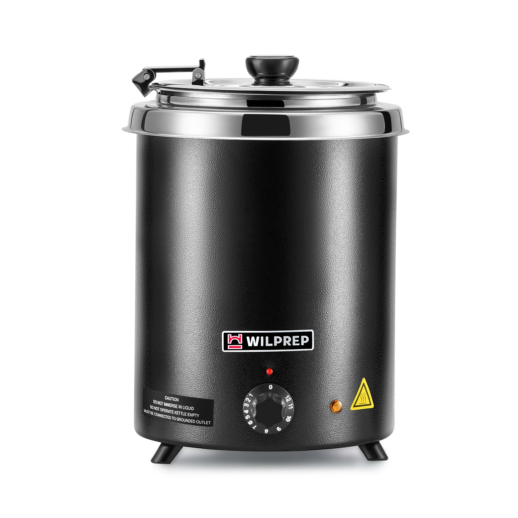 A black commercial soup kettle warmer with a detachable lid and a stainless steel interior. It has a control knob on the front and is designed for warming soups and sauces.