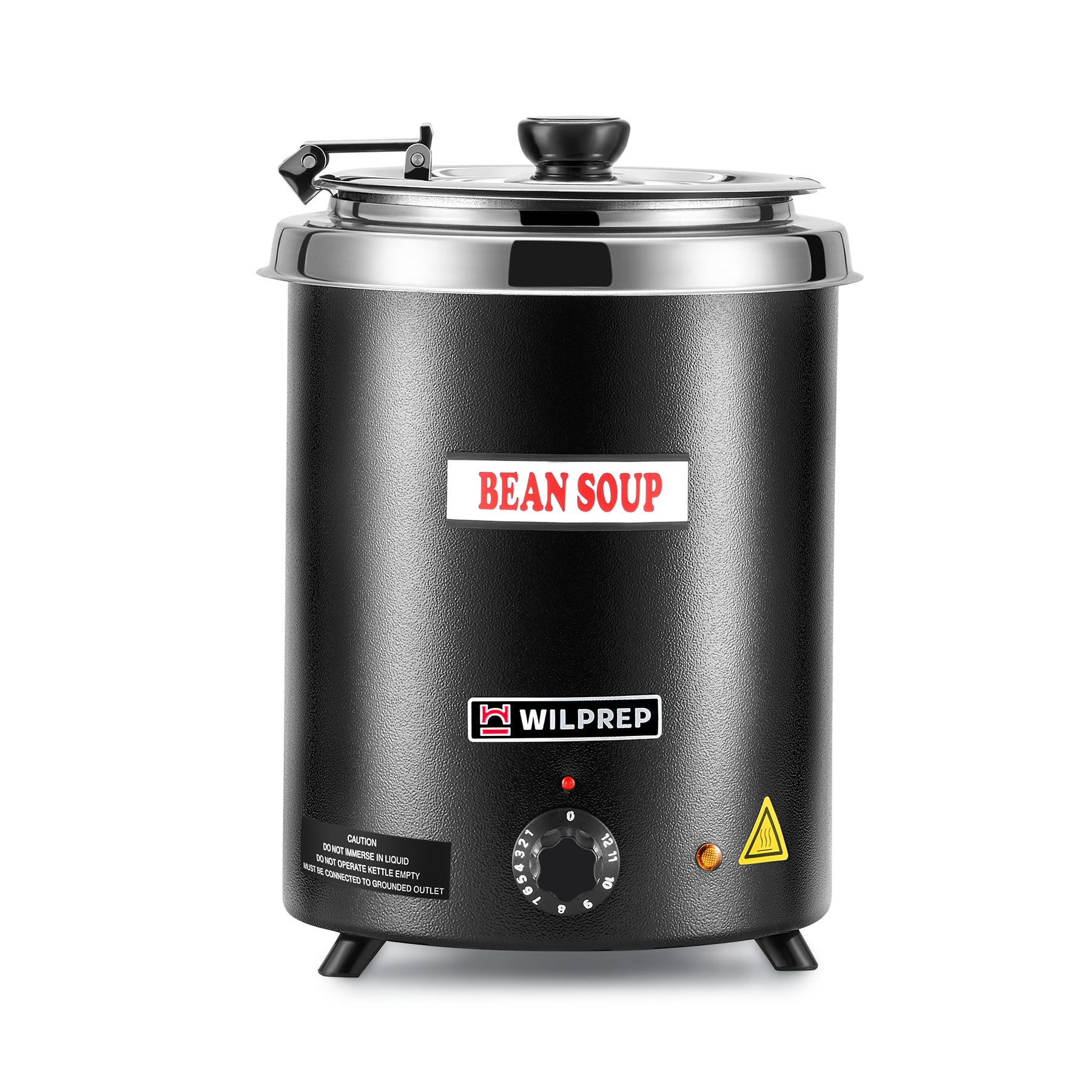 A black commercial soup kettle warmer with a detachable lid and a stainless steel interior. It has a control knob on the front and is designed for warming soups and sauces.