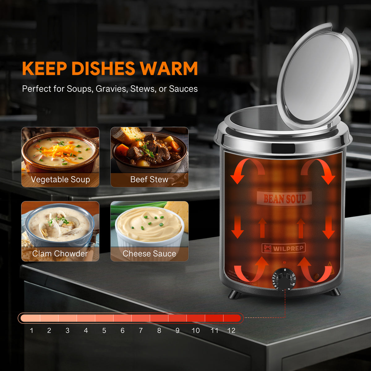 A black commercial soup kettle warmer with a detachable lid and a stainless steel interior. It has a control knob on the front and is designed for warming soups and sauces.