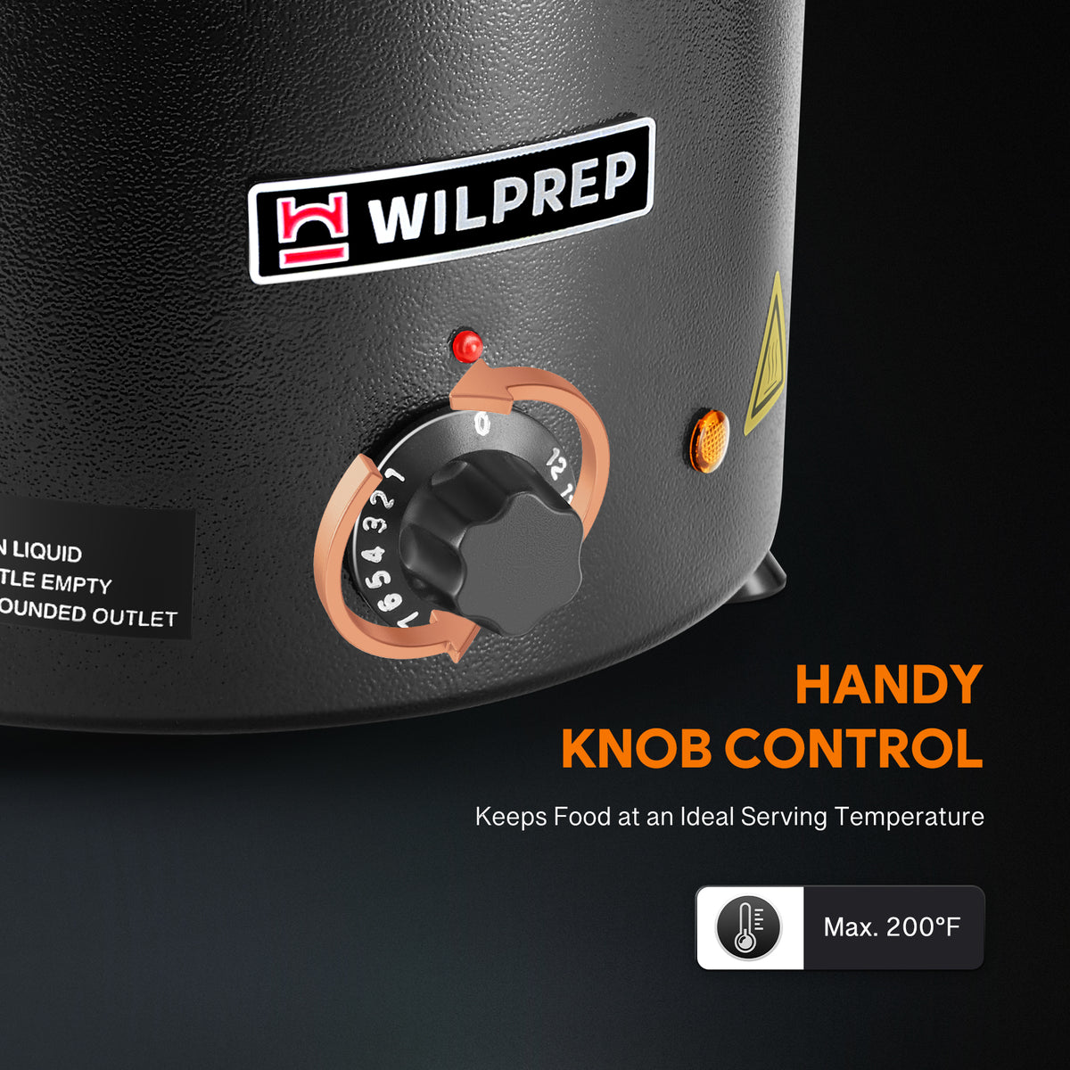 A black commercial soup kettle warmer with a detachable lid and a stainless steel interior. It has a control knob on the front and is designed for warming soups and sauces.