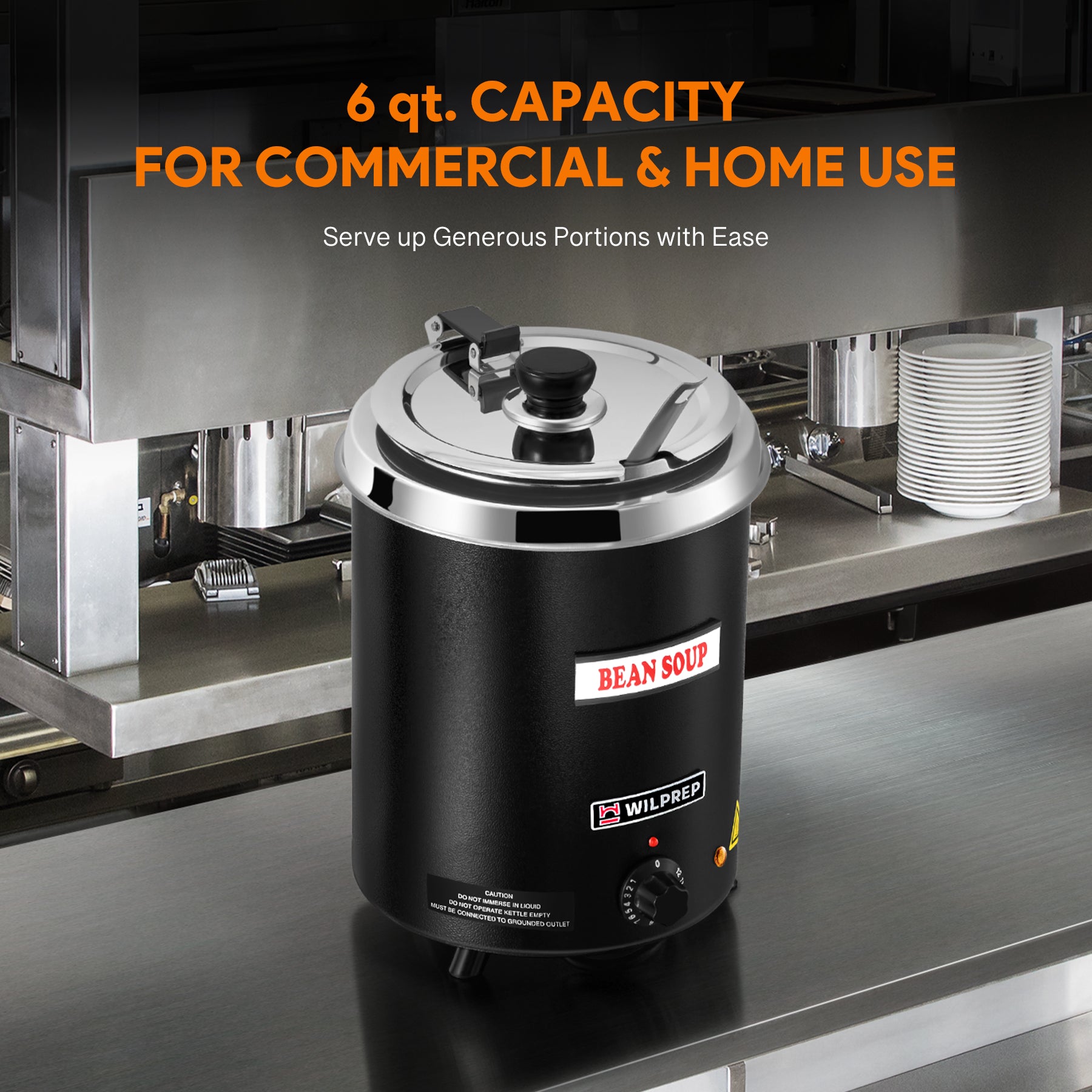 A black commercial soup kettle warmer with a detachable lid and a stainless steel interior. It has a control knob on the front and is designed for warming soups and sauces.