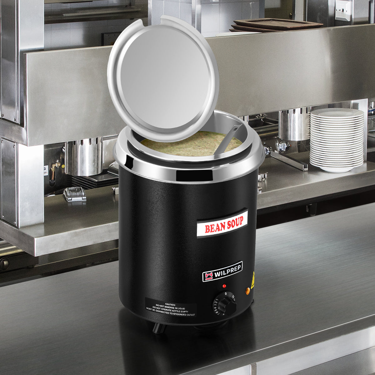 A black commercial soup kettle warmer with a detachable lid and a stainless steel interior. It has a control knob on the front and is designed for warming soups and sauces.