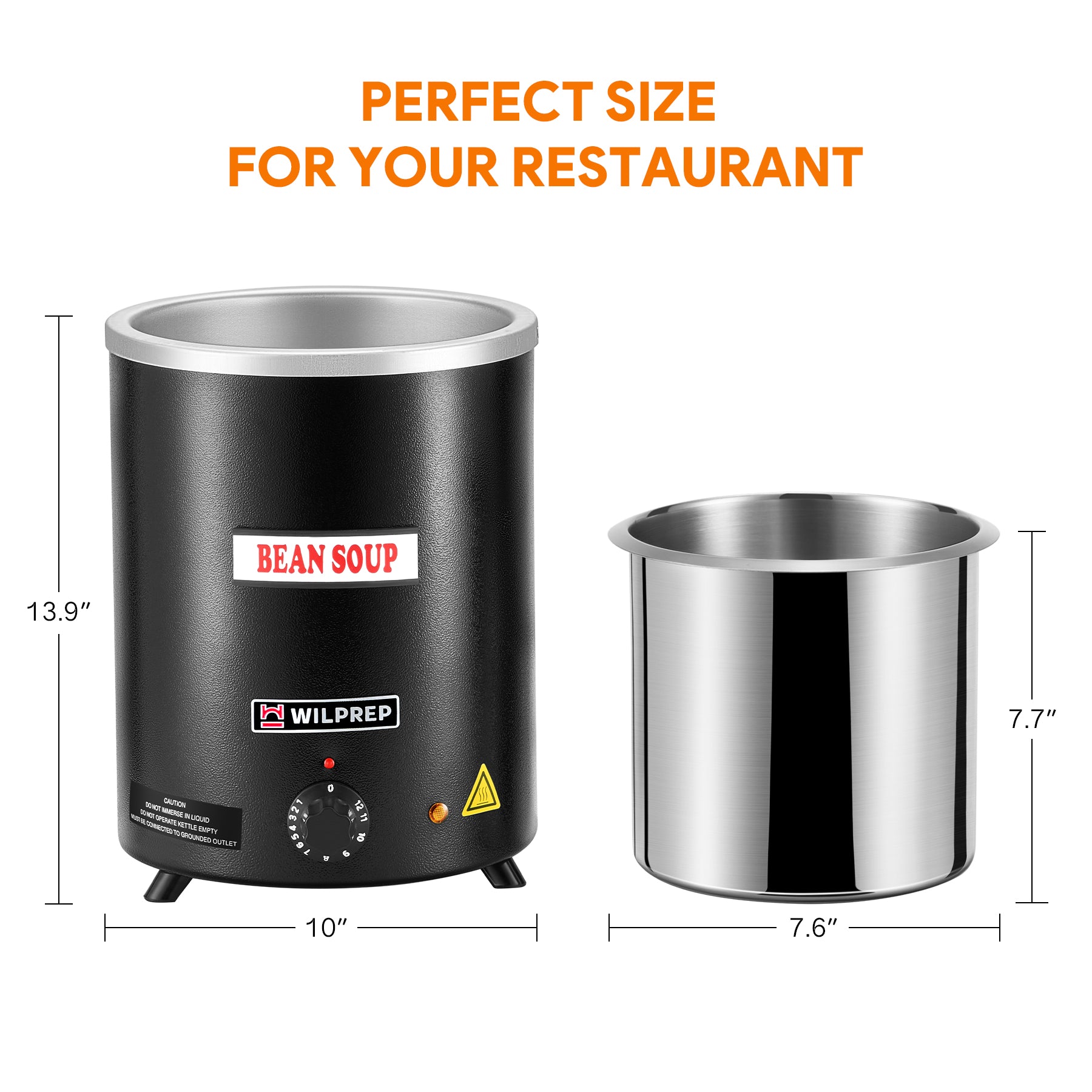 A black commercial soup kettle warmer with a detachable lid and a stainless steel interior. It has a control knob on the front and is designed for warming soups and sauces.