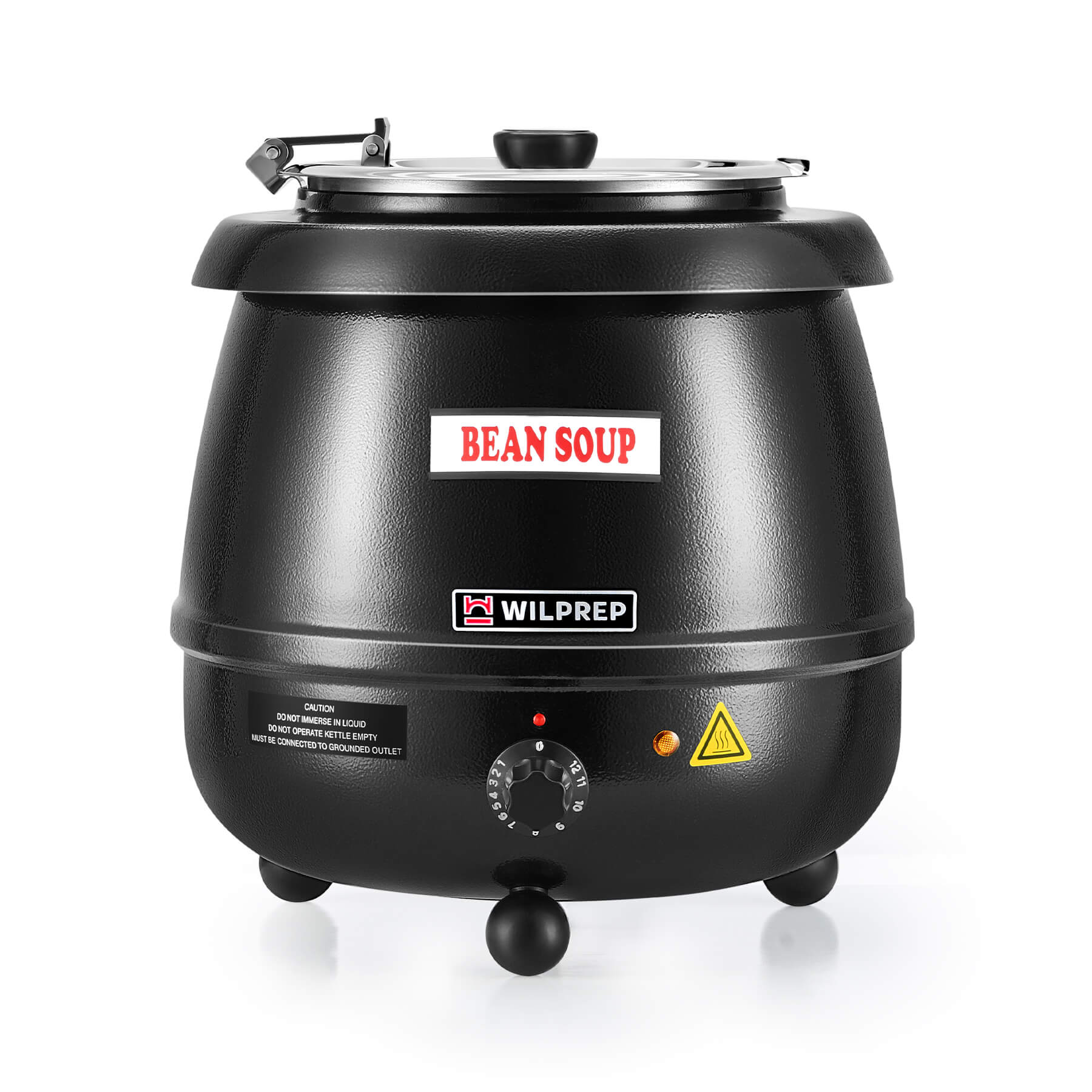 A black commercial soup kettle warmer with a detachable lid and temperature control knob, with a label showing 'BEAN SOUP' on the front.