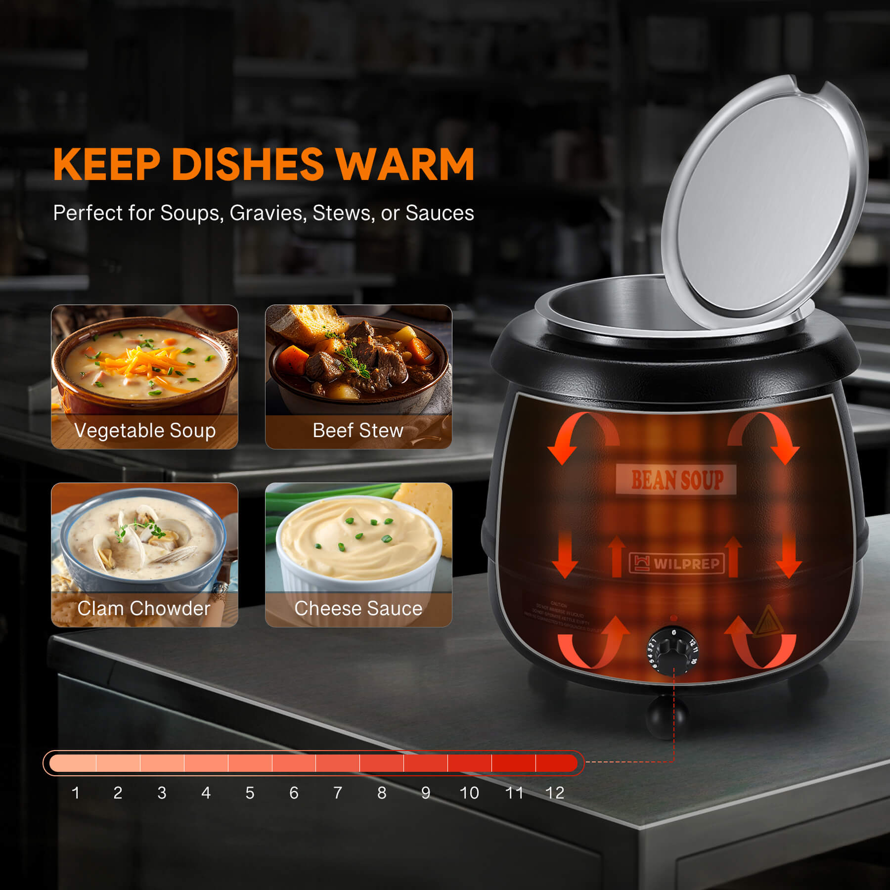 A black commercial soup kettle warmer with a detachable lid and temperature control knob, with a label showing 'BEAN SOUP' on the front.