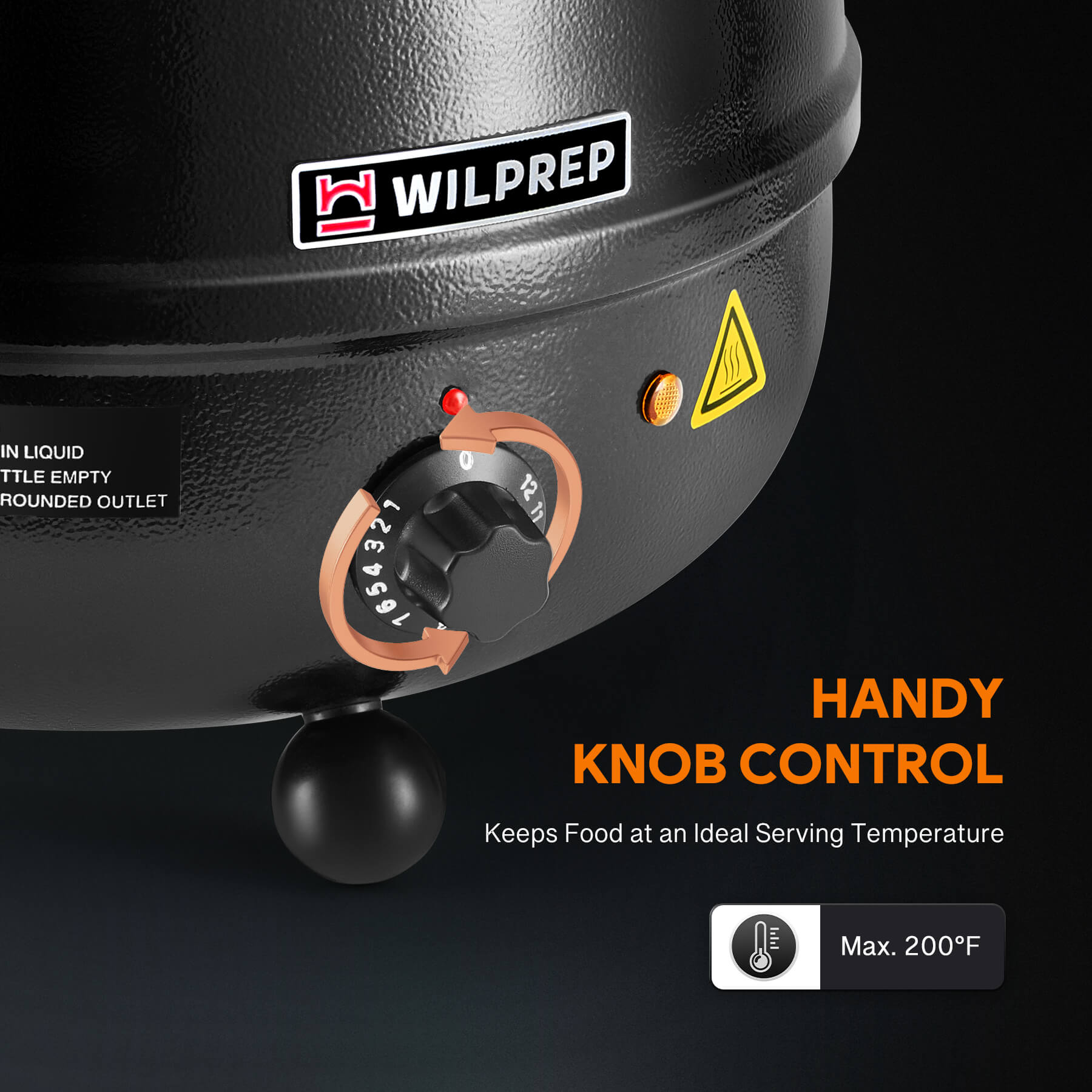A black commercial soup kettle warmer with a detachable lid and temperature control knob, with a label showing 'BEAN SOUP' on the front.